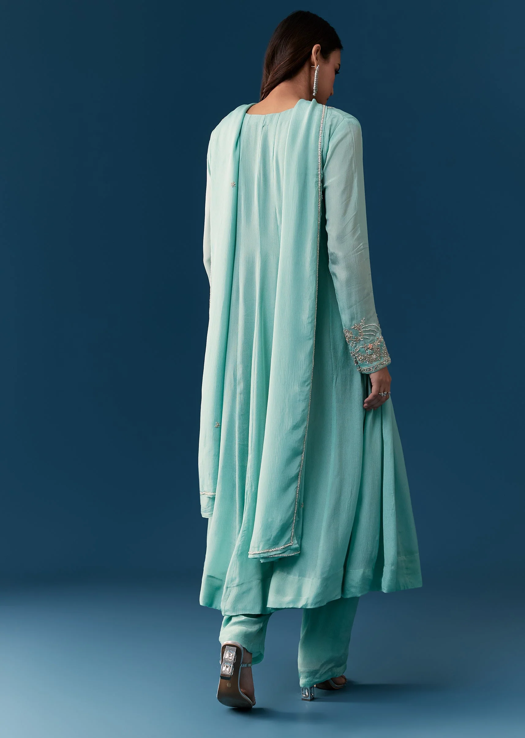 Sky Blue Chinon Anarkali Suit With Dupatta And Moti Cut Dana Work - Image 5