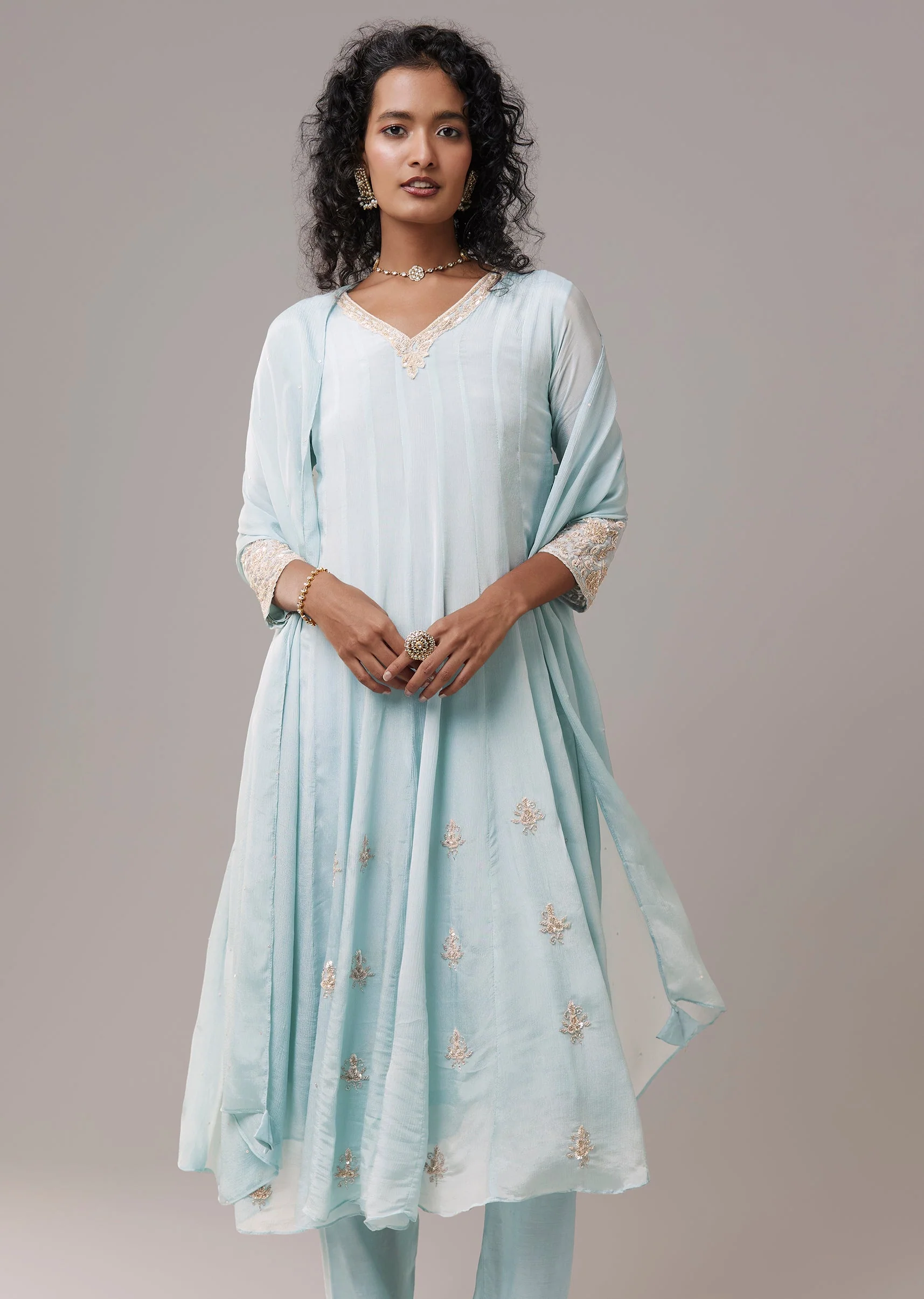 Sky Blue Chinon Embroidered Anarkali Set - Image 4