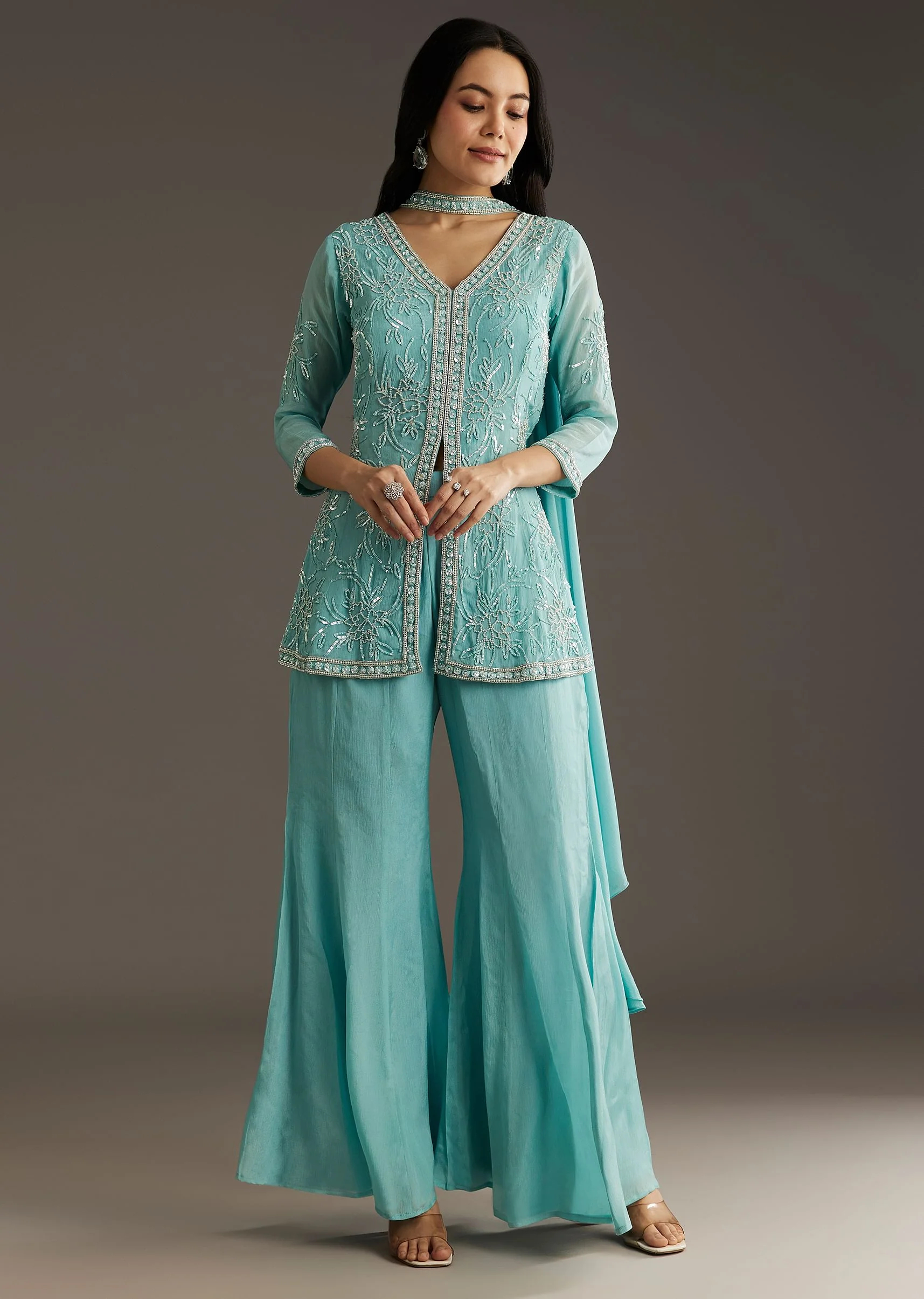 Sky Blue Chinon Front Slit Kurta Palazzo Set With Choker Style Dupatta - Image 2