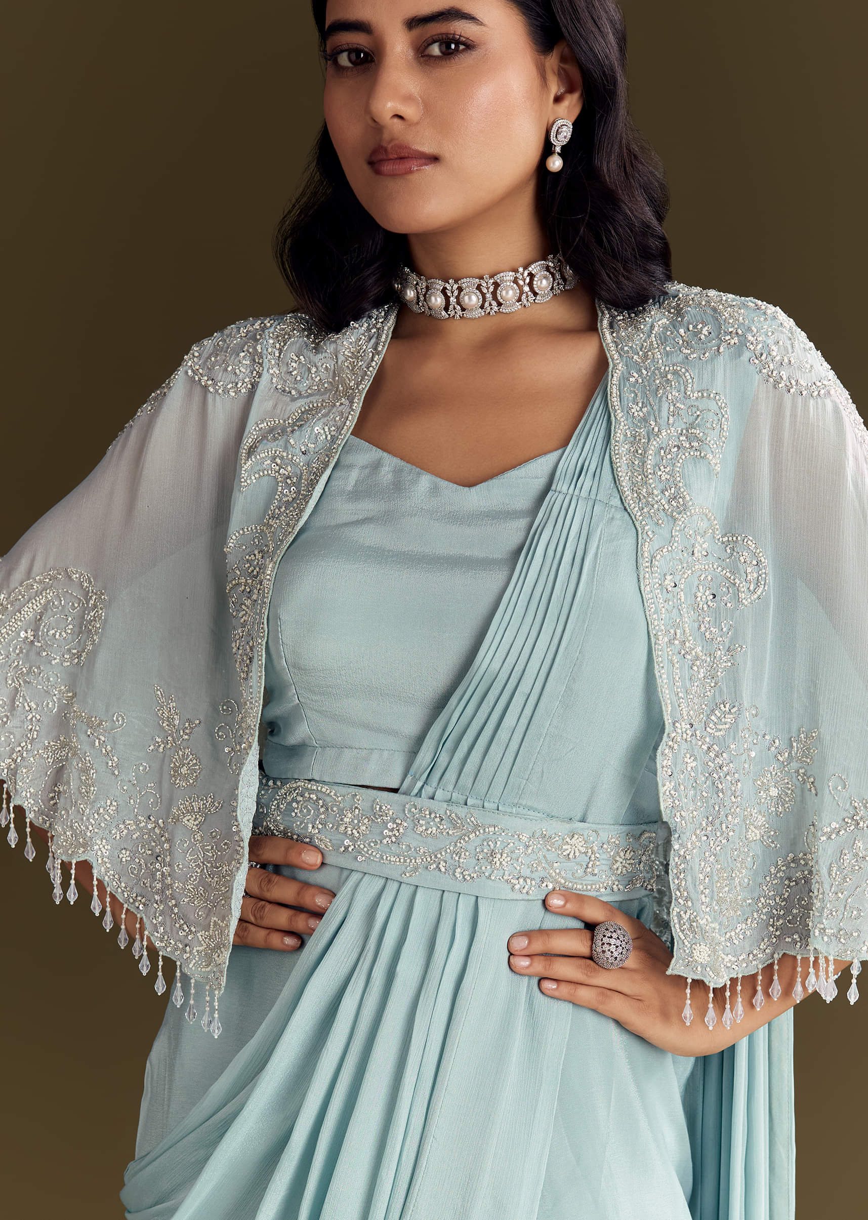Sky Blue Chinon Pre Draped Saree With Cape And Belt - Image 3