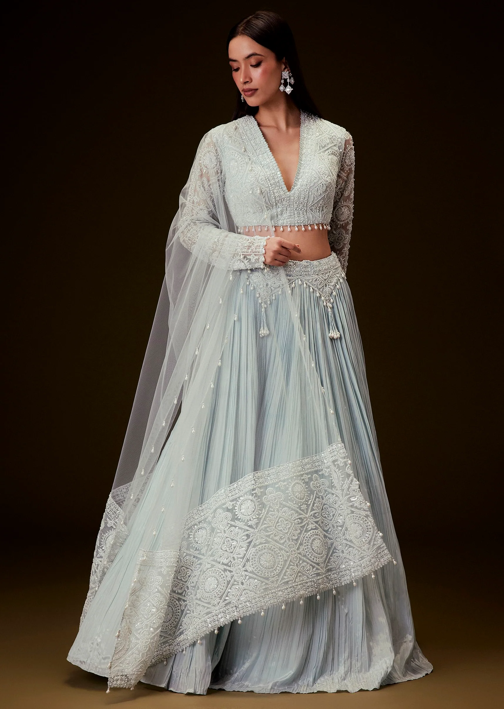 Sky Blue Crepe Sequence Lehenga With Full Sleeve Blouse - Image 2