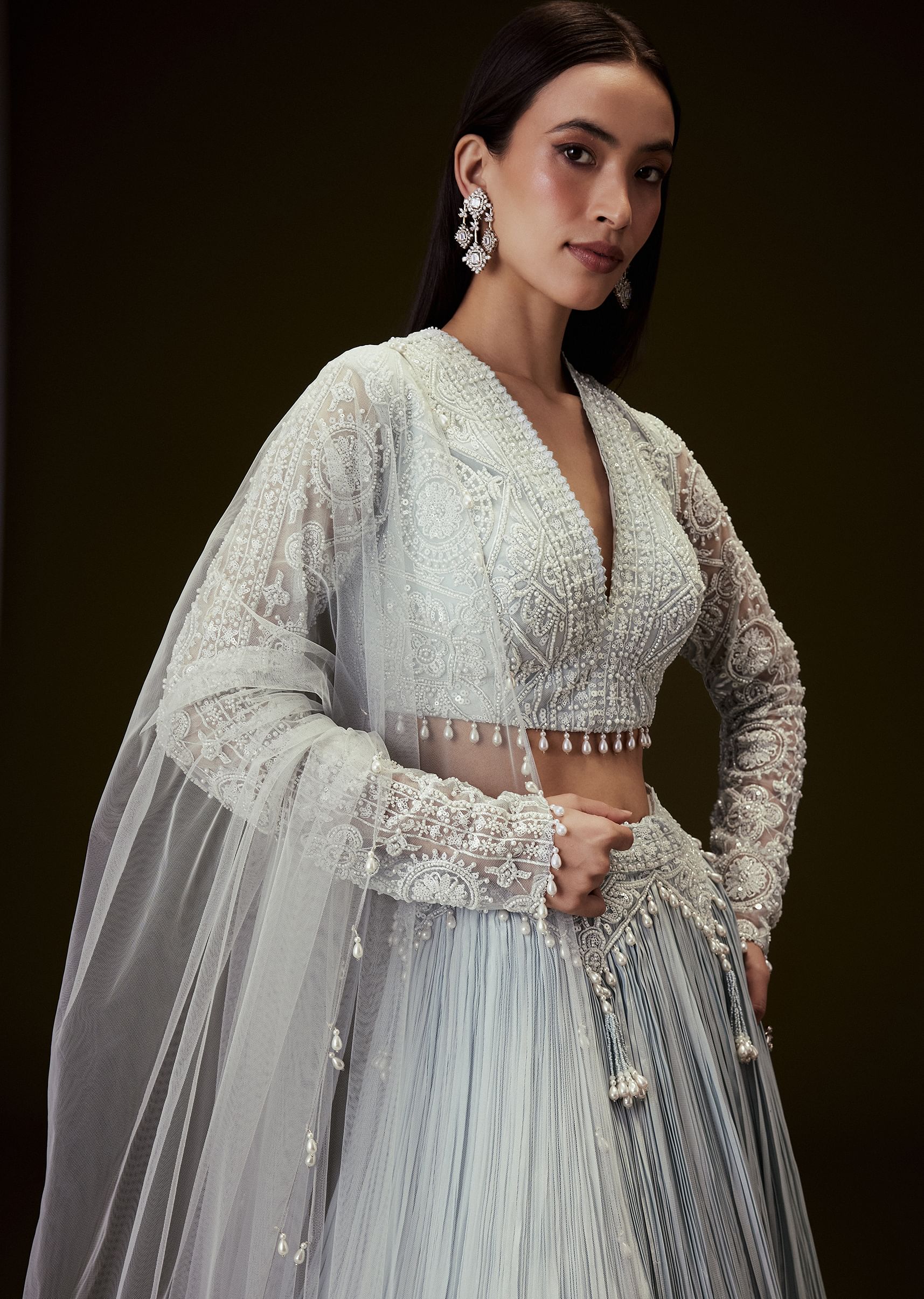 Sky Blue Crepe Sequence Lehenga With Full Sleeve Blouse - Image 3