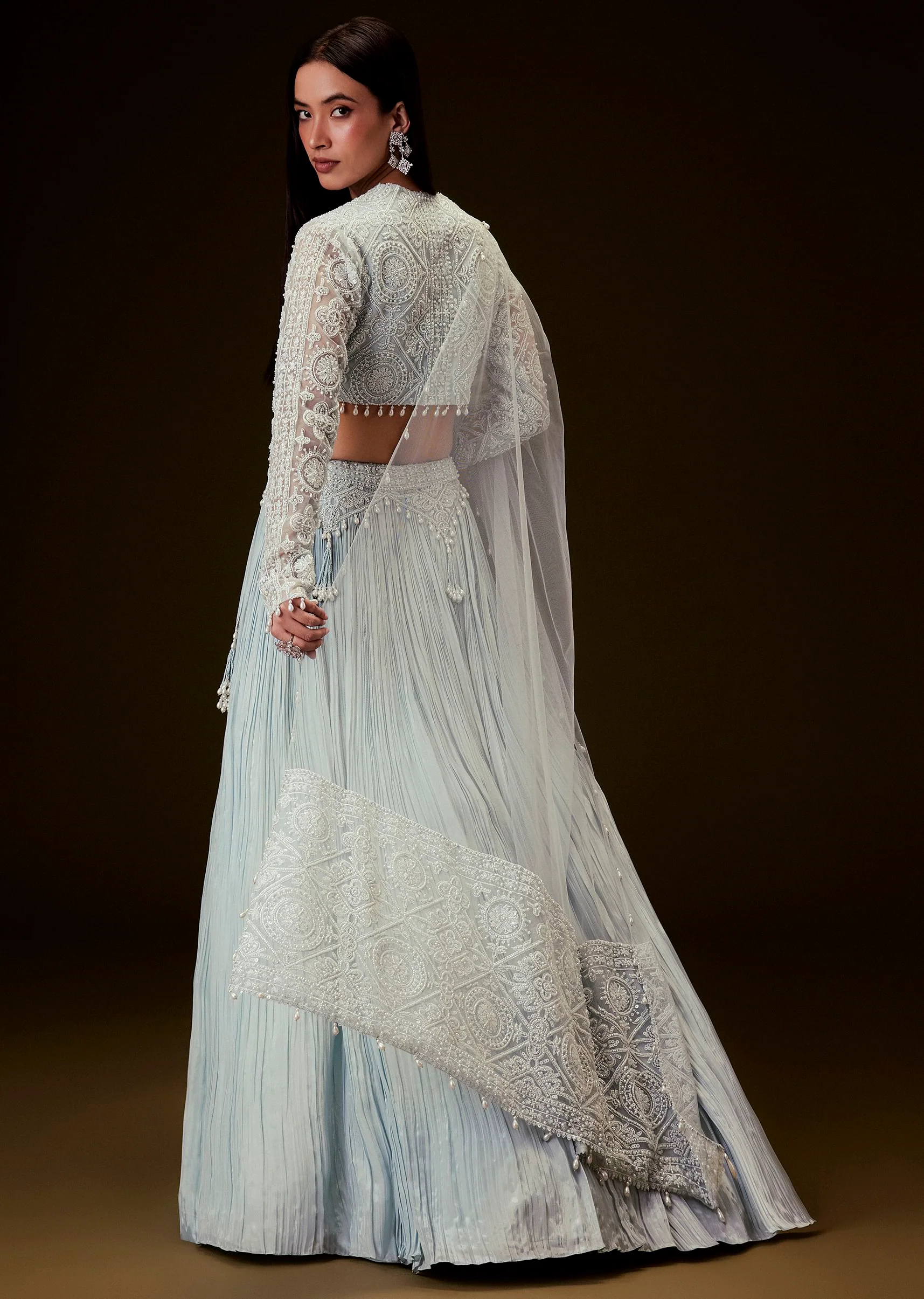 Sky Blue Crepe Sequence Lehenga With Full Sleeve Blouse - Image 5