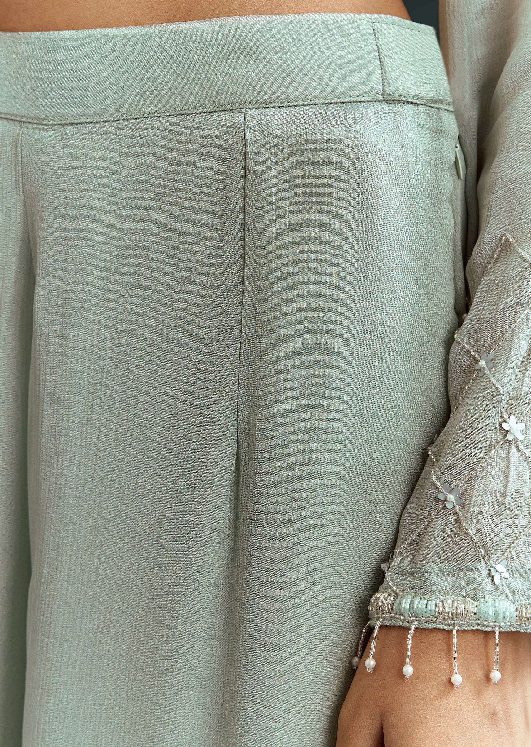 Sky Blue Cutdana Kurta With Scallop Dupatta And Palazzo In Chinon - Image 6