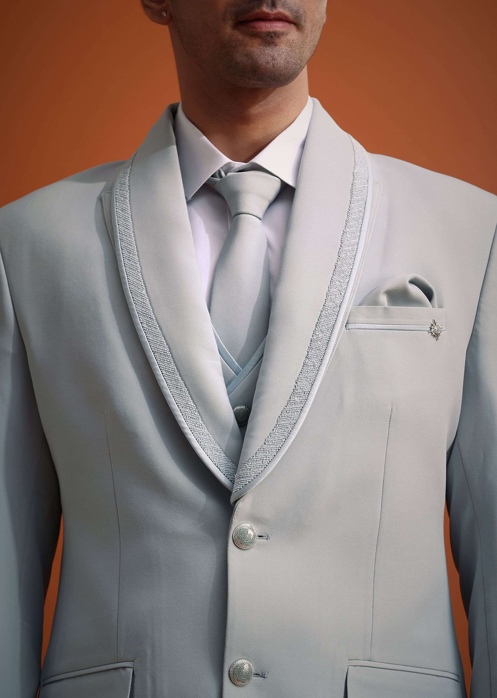 Sky Blue Cutdana Work Polyester Tuxedo And Pant Set - Image 2