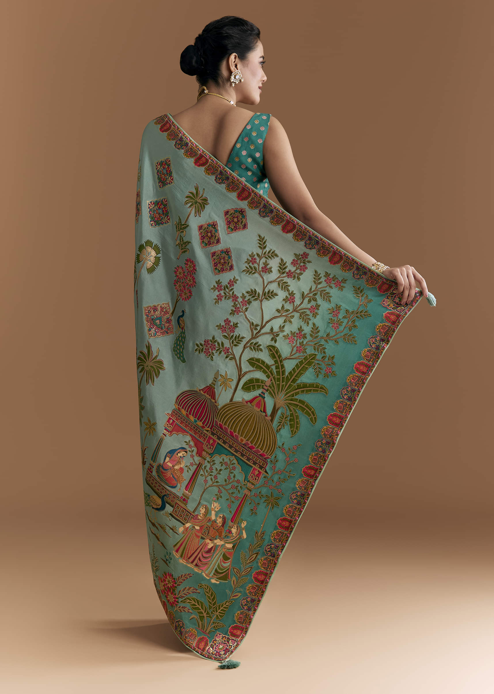 Sky Blue Dola Silk Saree With Madhubani Weave And Embroidery - Image 4