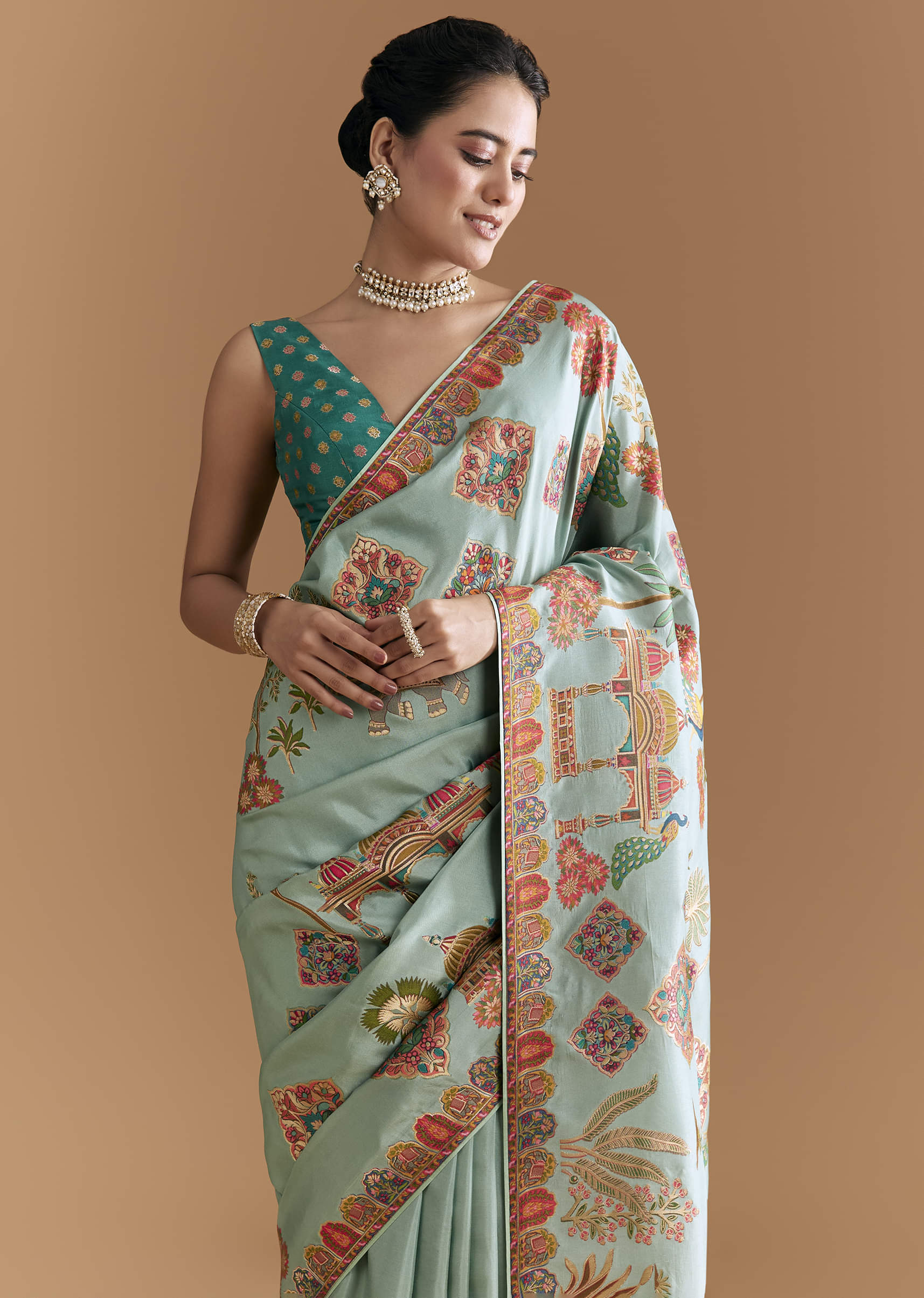 Sky Blue Dola Silk Saree With Madhubani Weave And Embroidery - Image 5