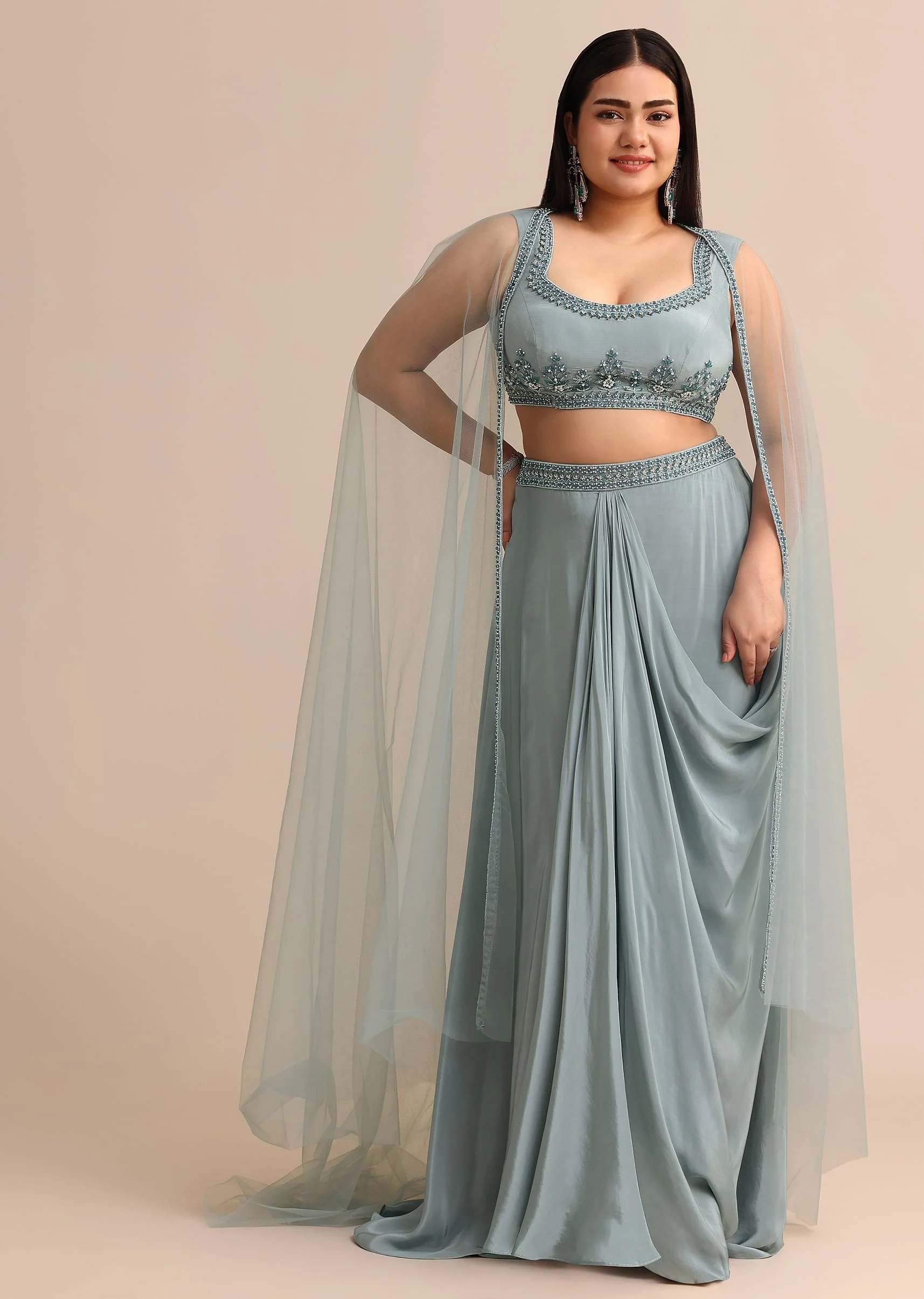 Sky Blue Draped Skirt With Cape - Image 3