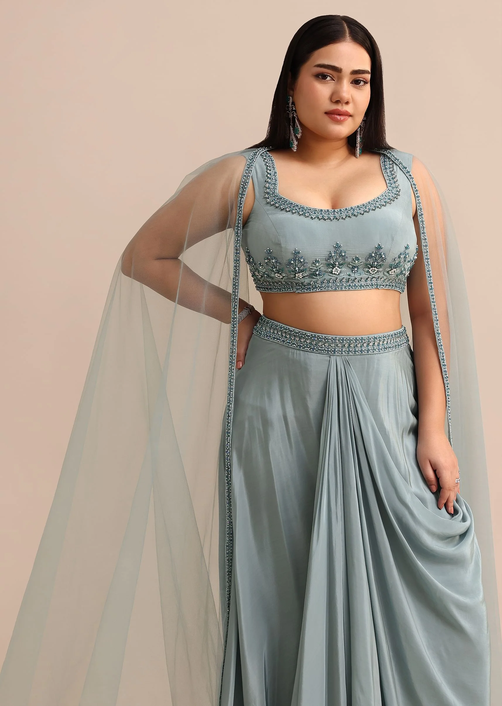 Sky Blue Draped Skirt With Cape - Image 4