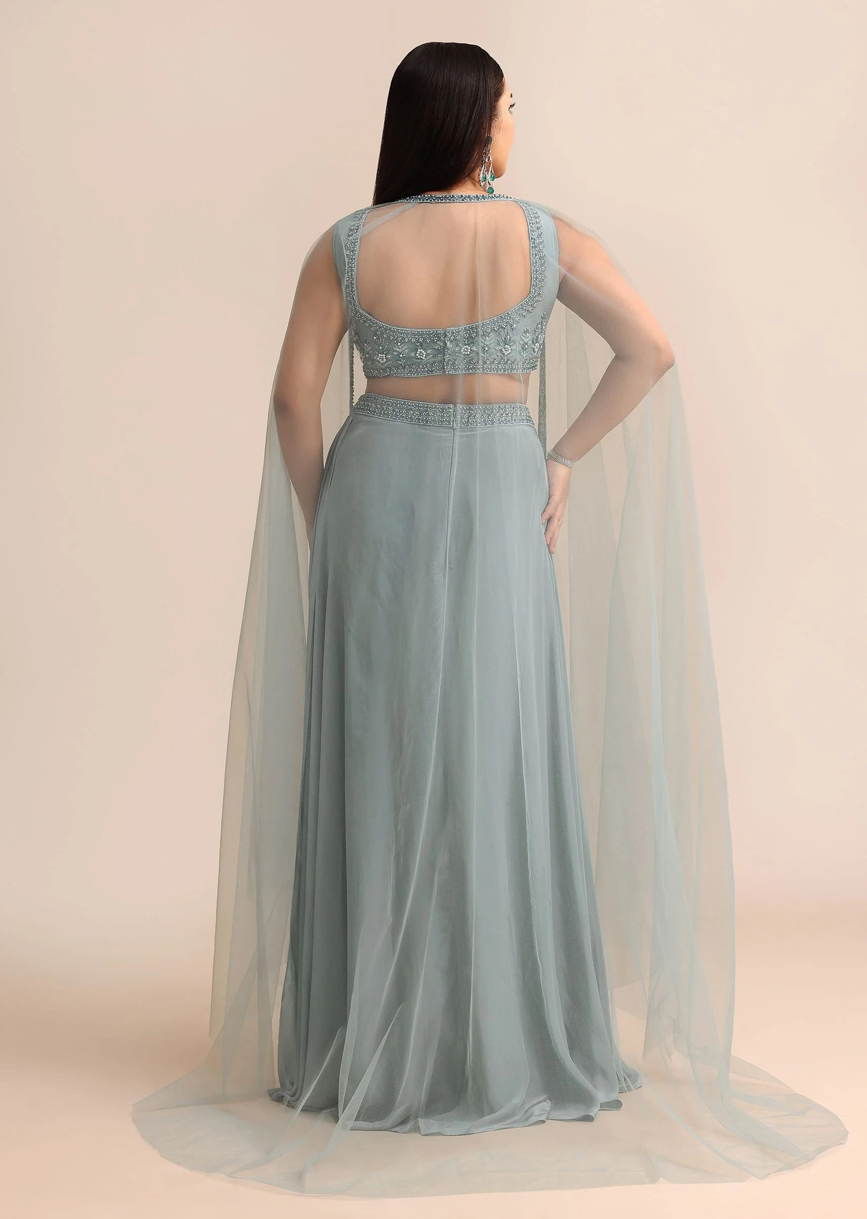 Sky Blue Draped Skirt With Cape - Image 5
