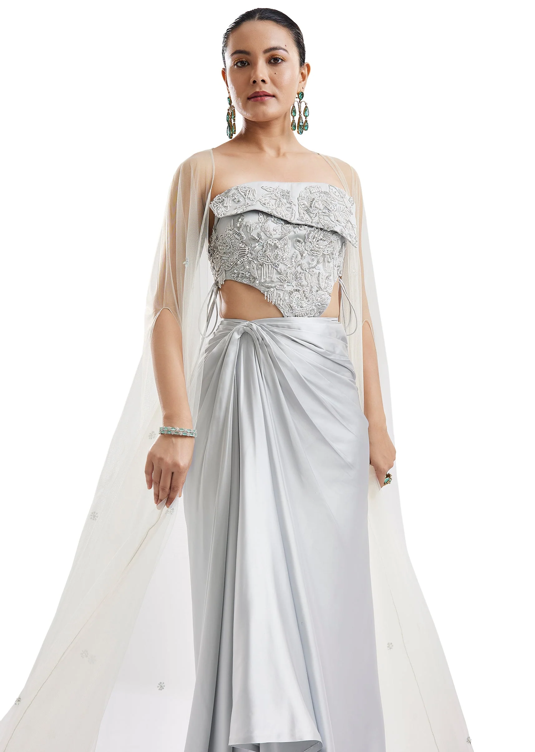 Sky Blue Embellished Cape Skirt Set - Image 5