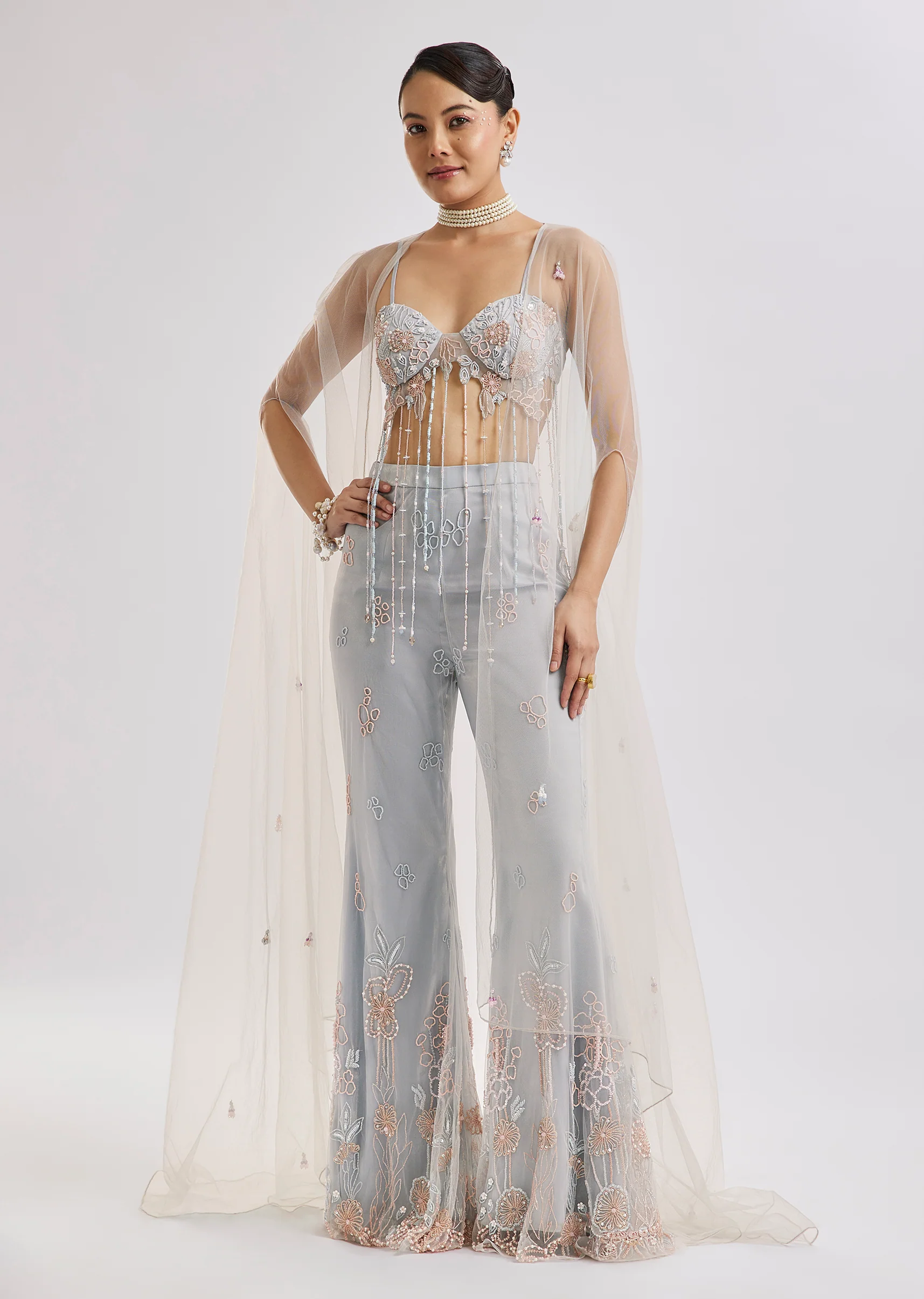 Sky Blue Embroidered Corset Cape Set - Image 3