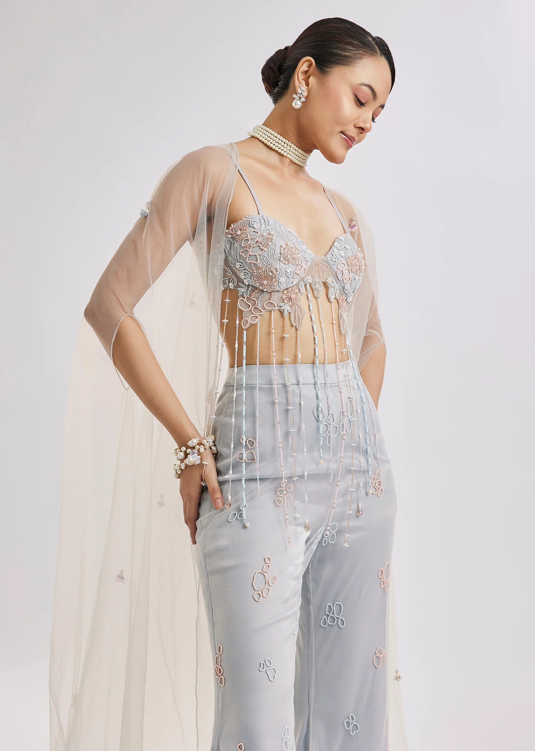 Sky Blue Embroidered Corset Cape Set - Image 4