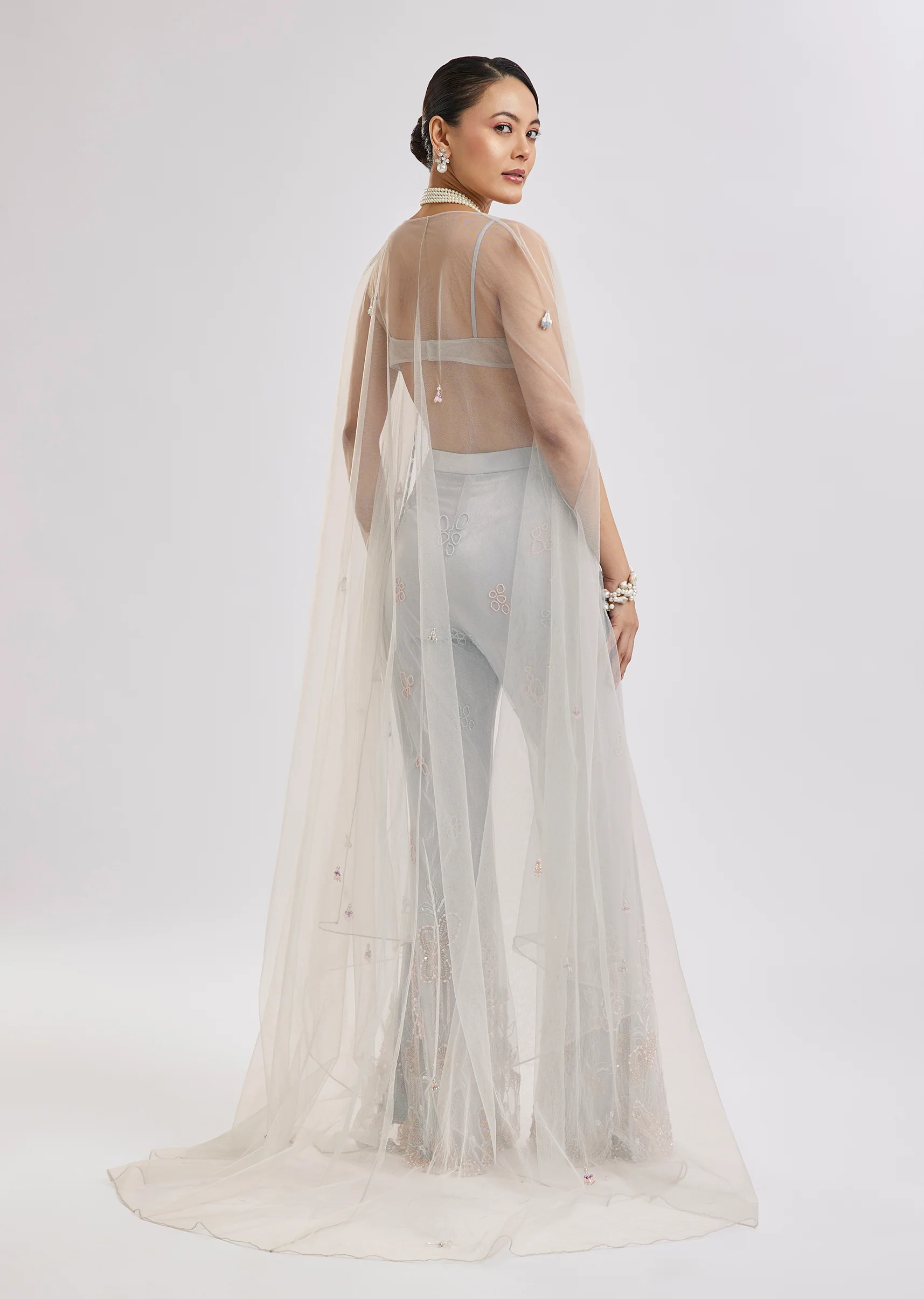 Sky Blue Embroidered Corset Cape Set - Image 5