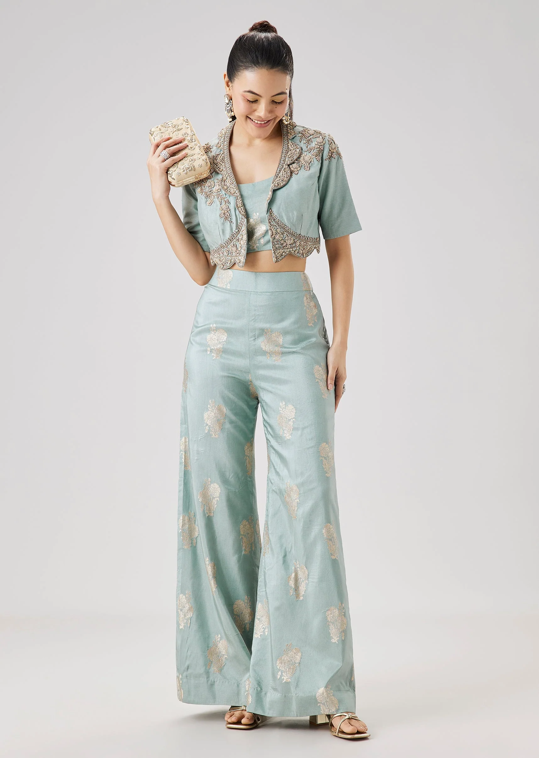 Sky Blue Embroidered Jacket And Palazzo Set