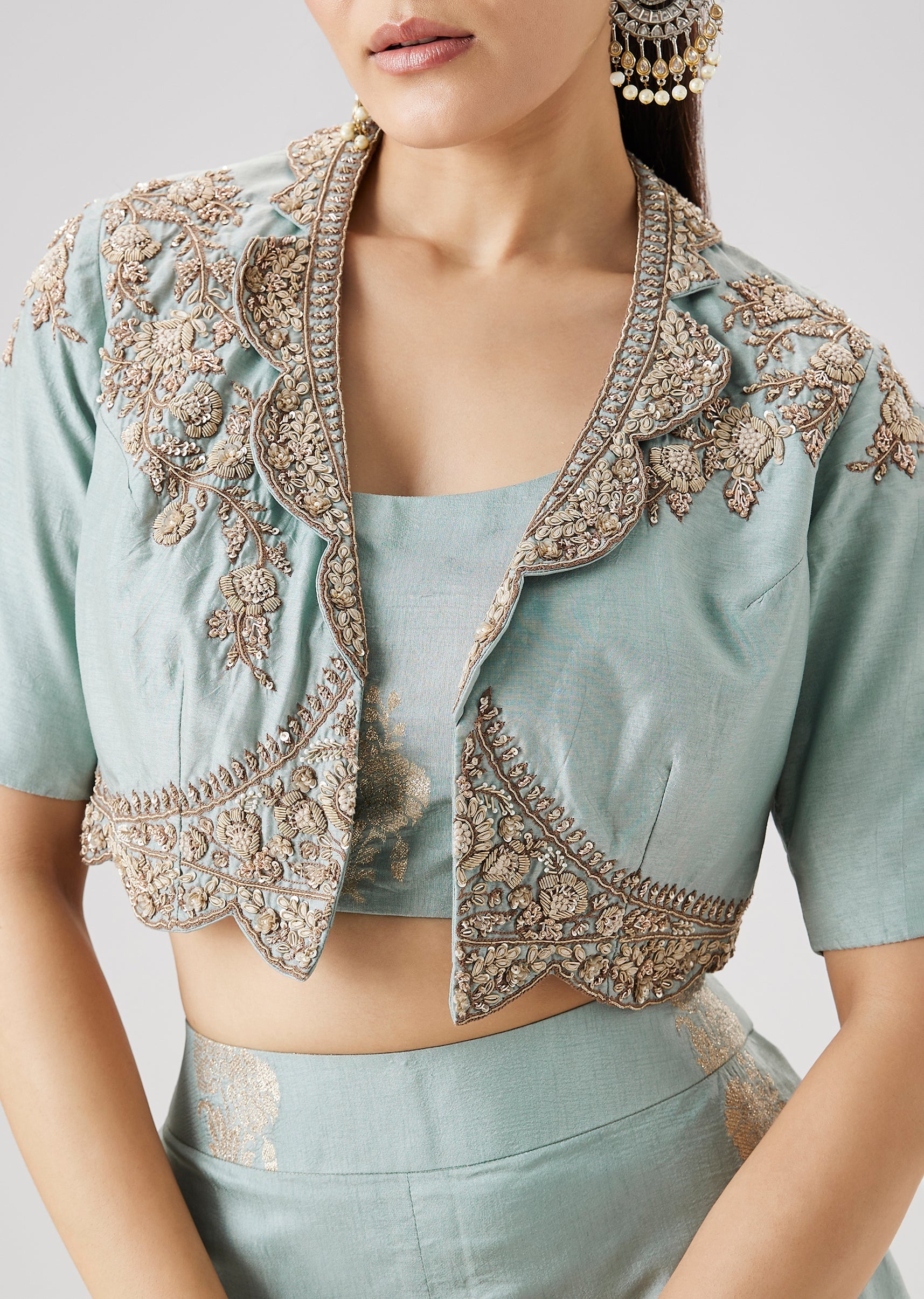 Sky Blue Embroidered Jacket And Palazzo Set - Image 2