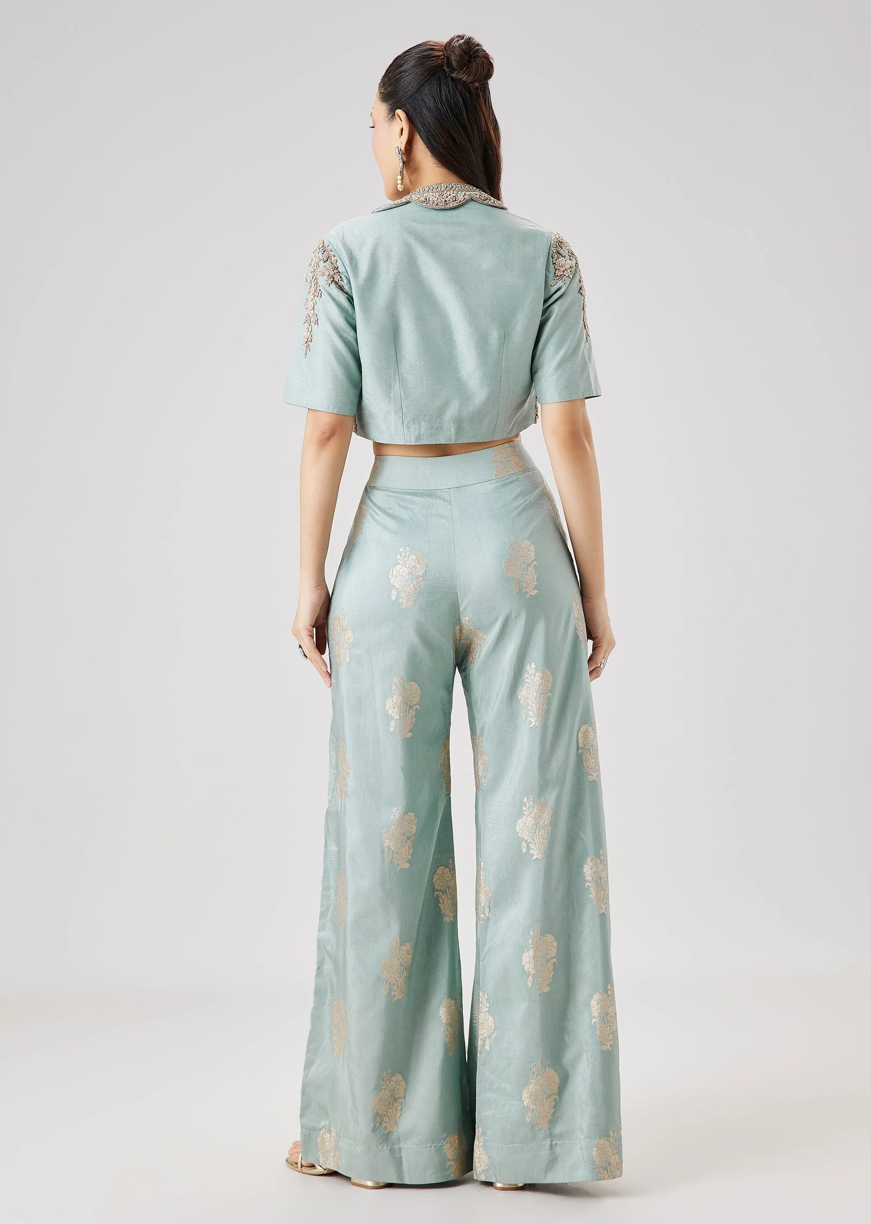 Sky Blue Embroidered Jacket And Palazzo Set - Image 4