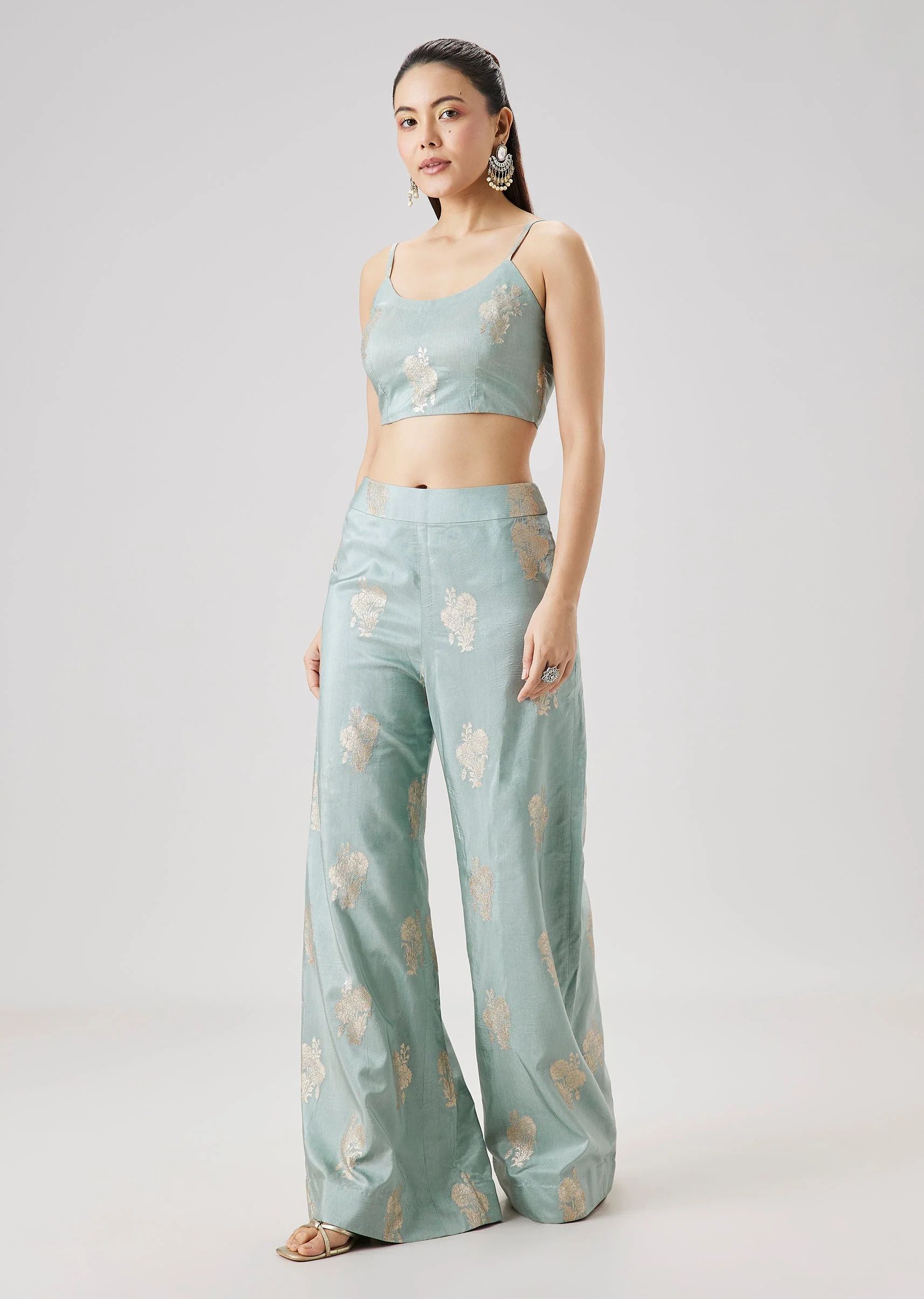 Sky Blue Embroidered Jacket And Palazzo Set - Image 5