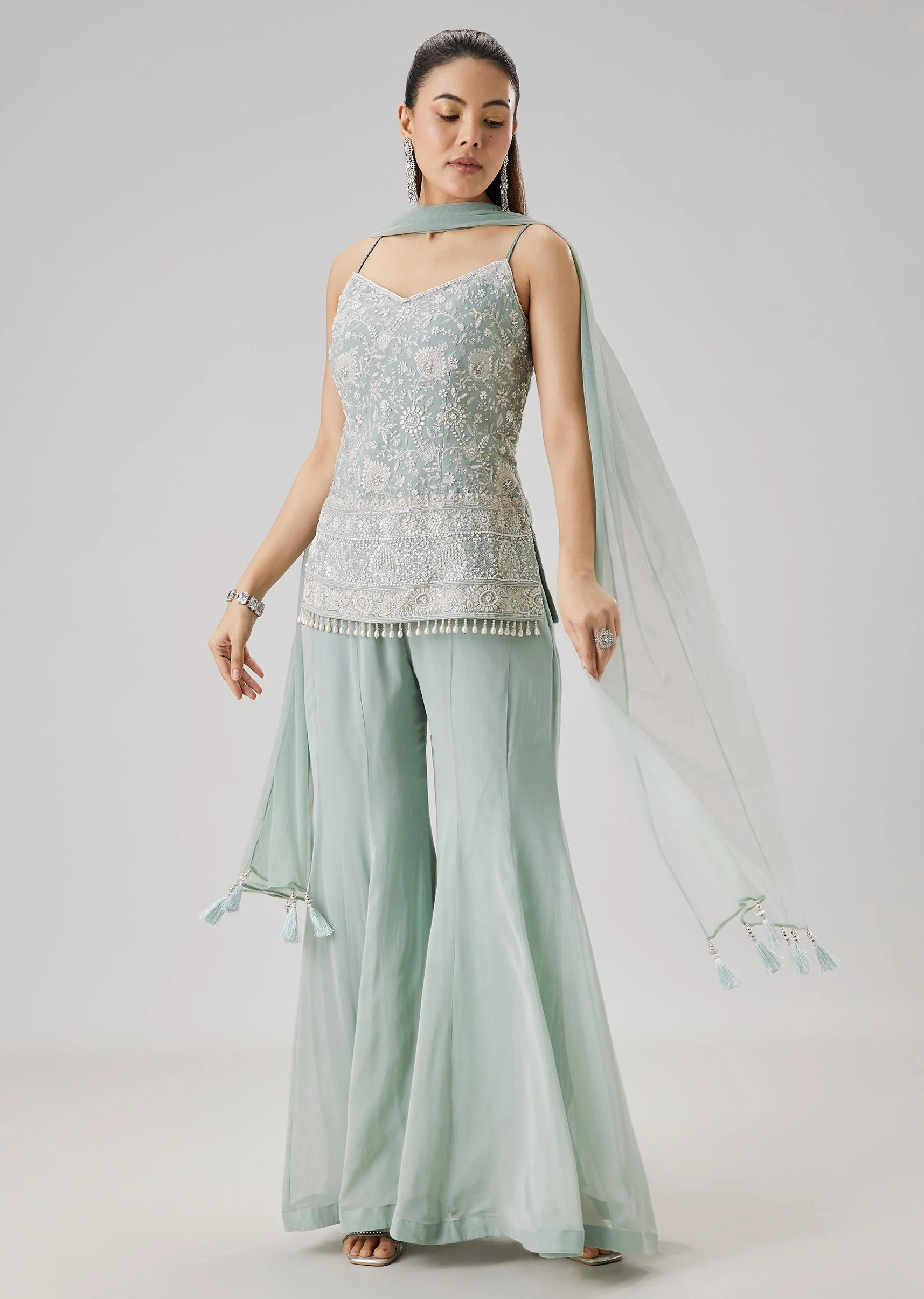 Sky Blue Embroidered Palazzo Set With Dupatta