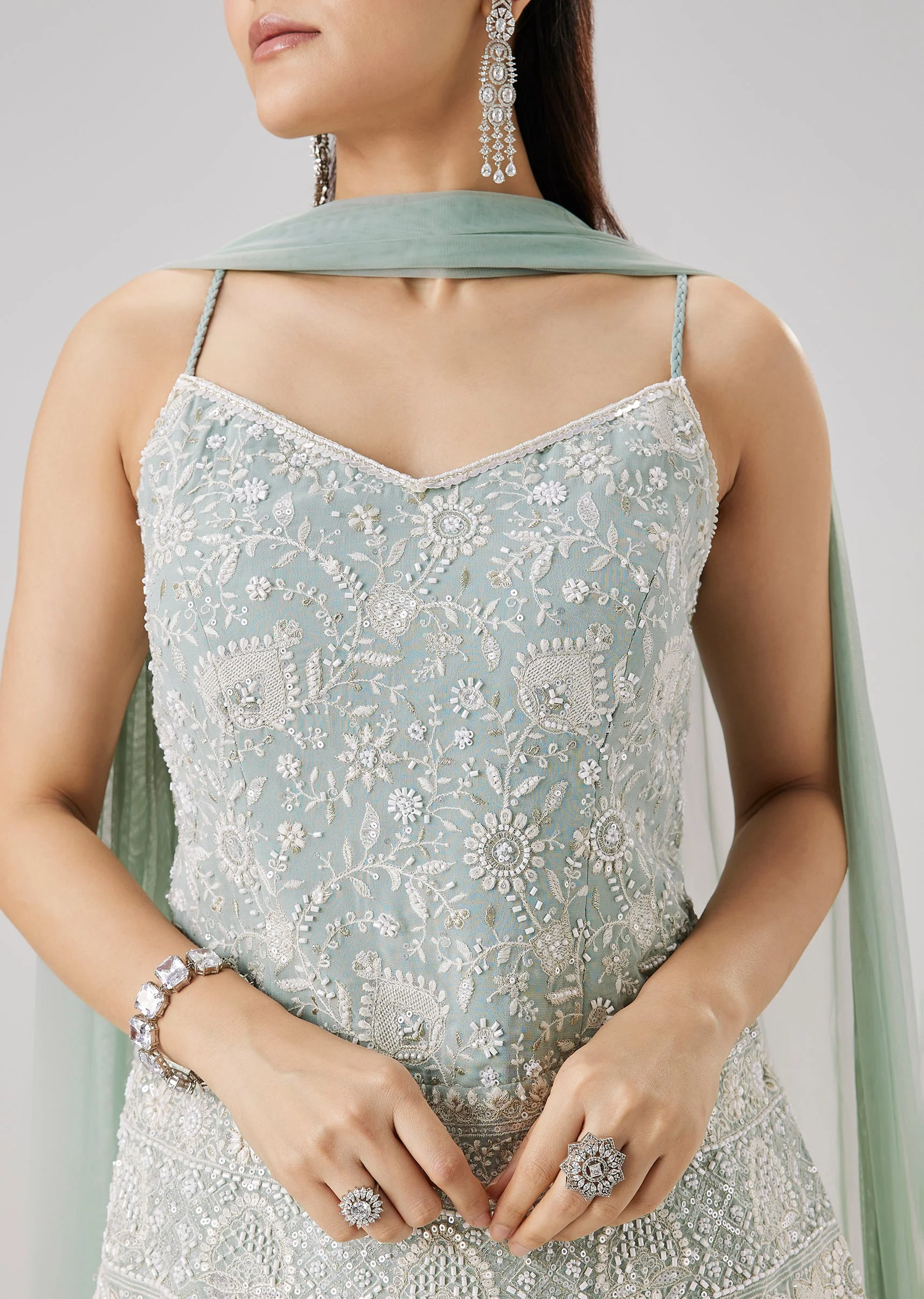 Sky Blue Embroidered Palazzo Set With Dupatta - Image 2