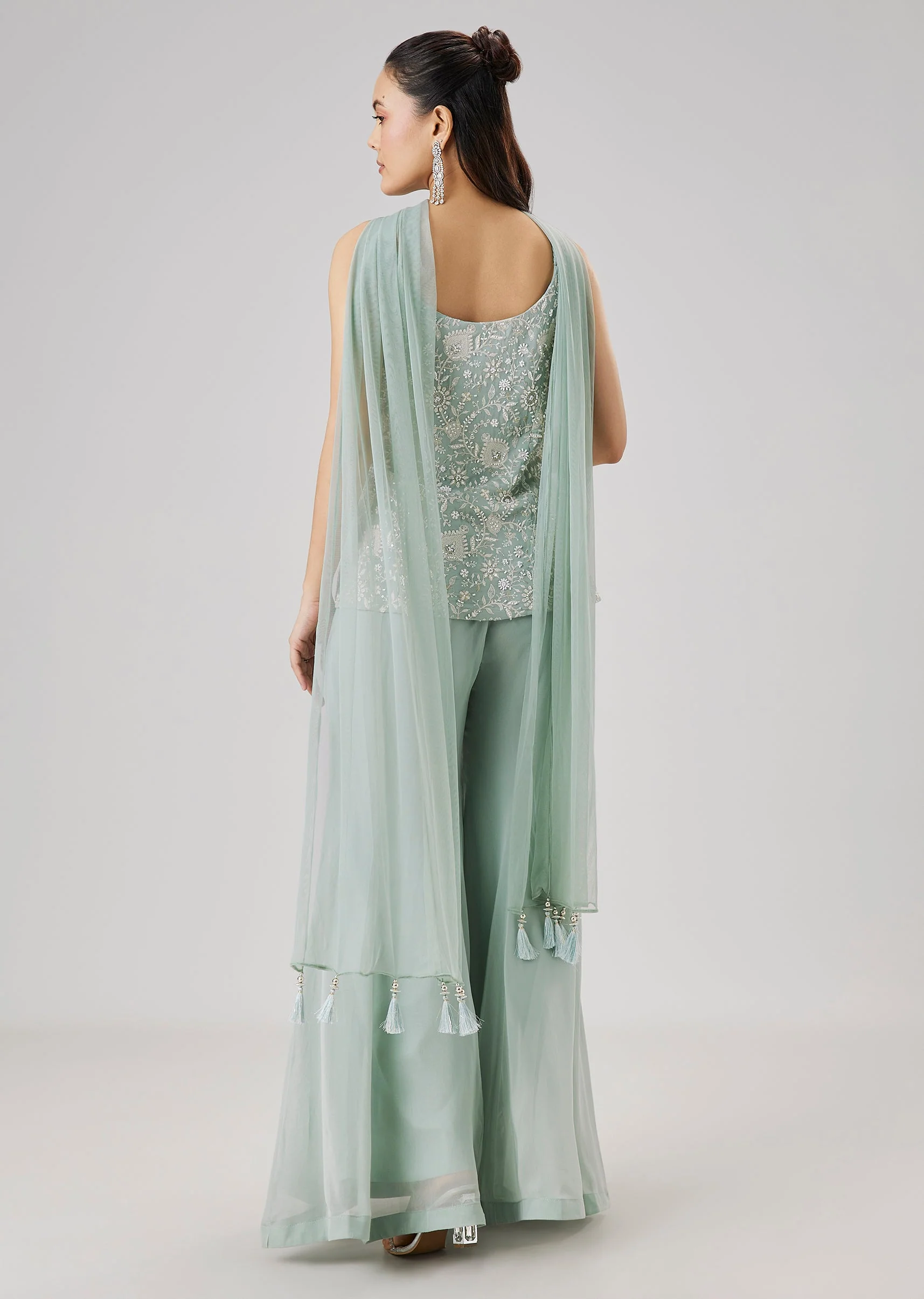 Sky Blue Embroidered Palazzo Set With Dupatta - Image 5