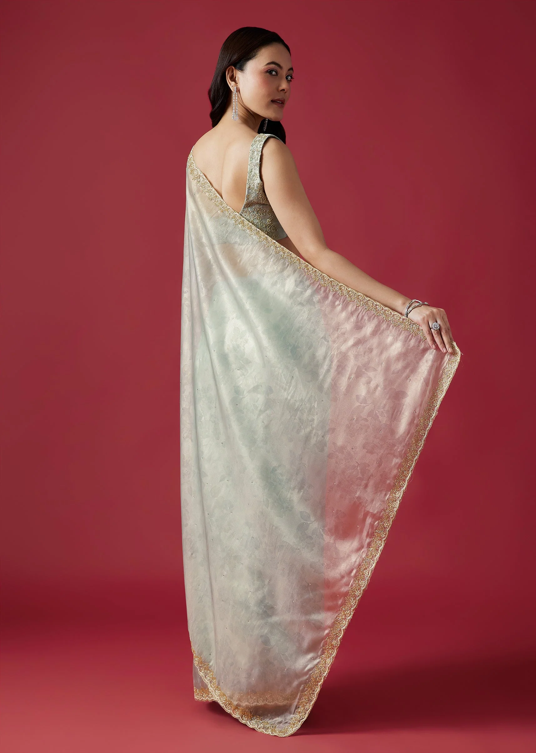 Sky Blue Embroidered Tissue Organza Saree With Scallop Border - Image 4