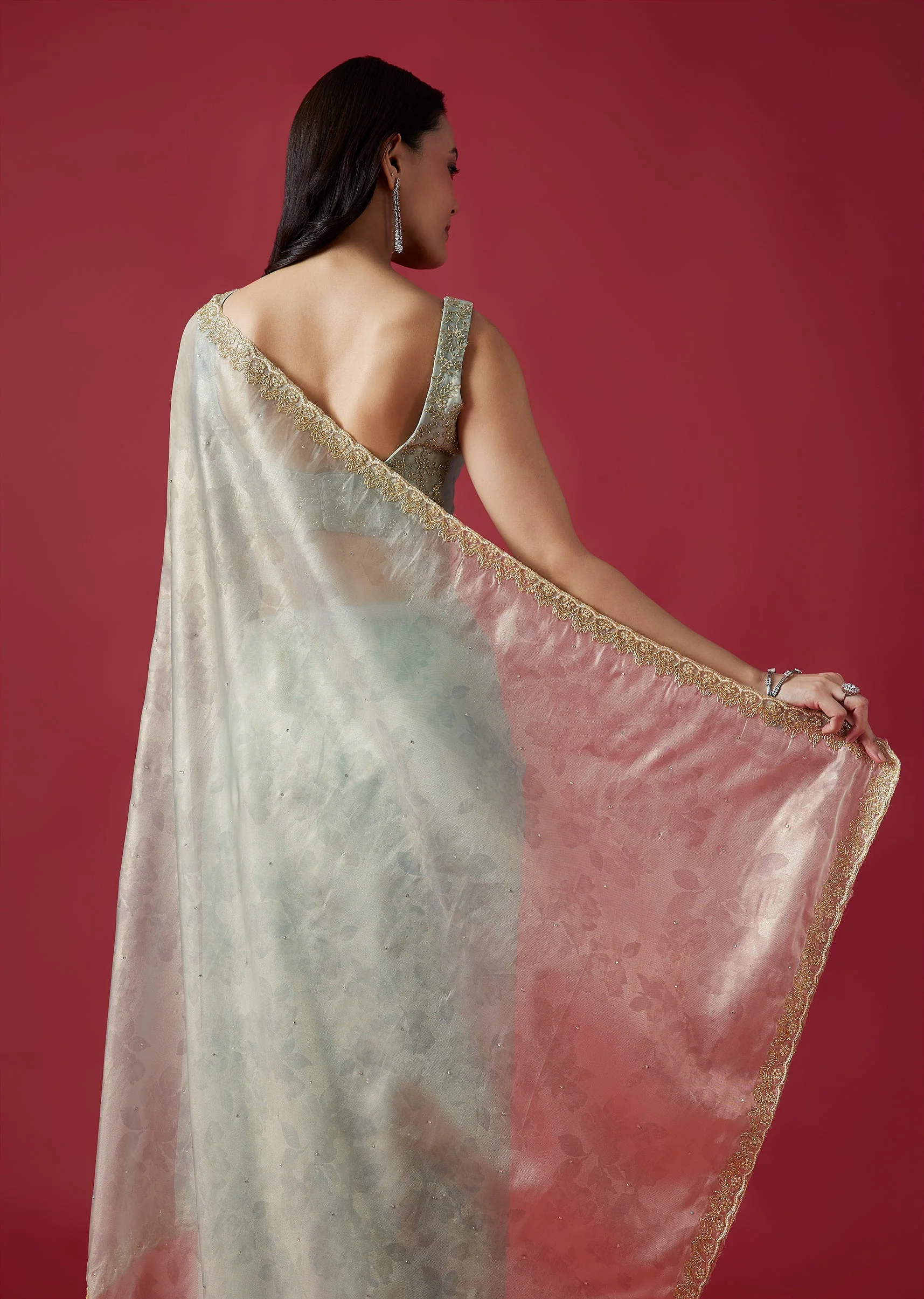 Sky Blue Embroidered Tissue Organza Saree With Scallop Border - Image 6