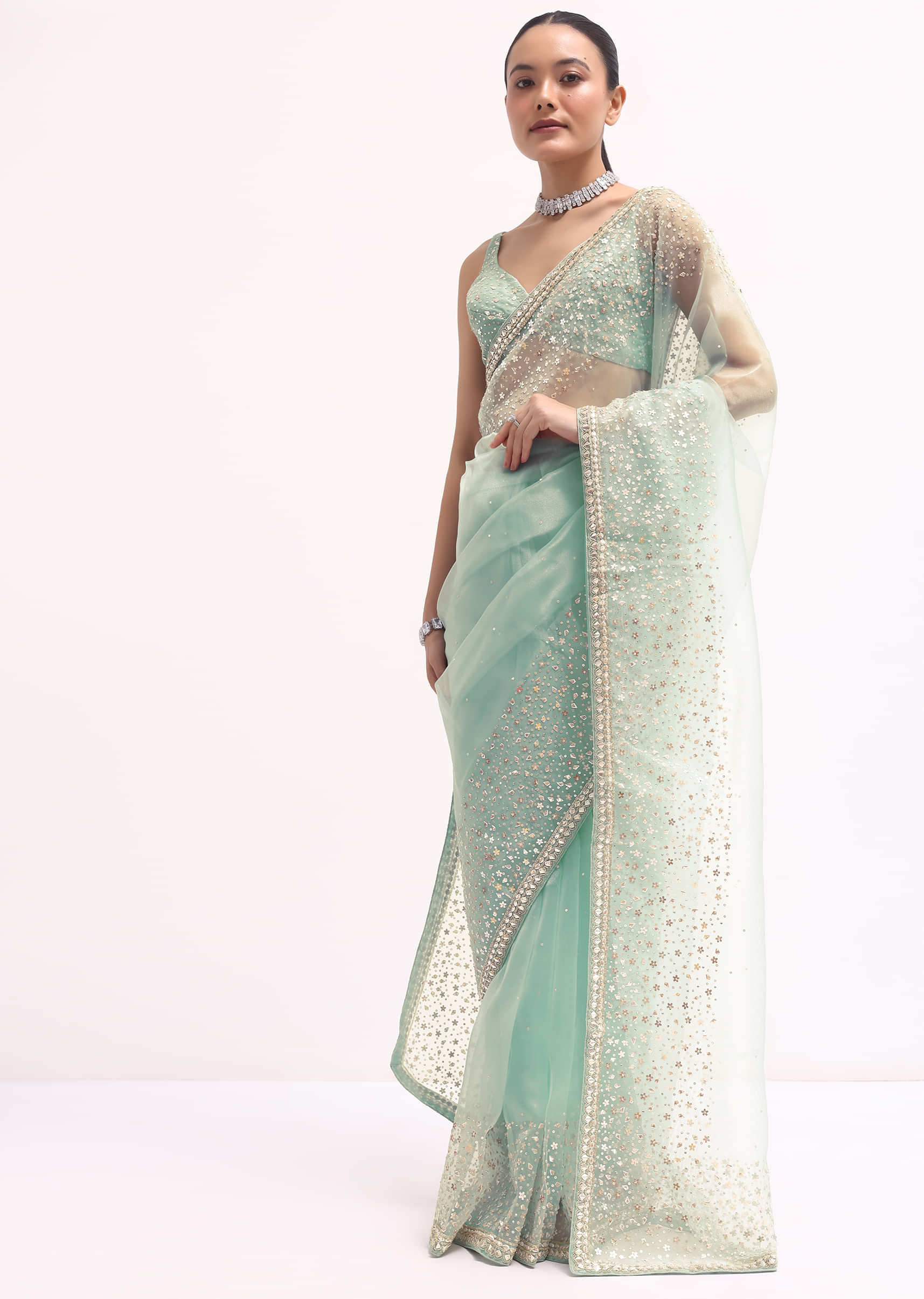 Sky Blue Embroidered Tissue Saree With Unstitched Blouse - Image 3