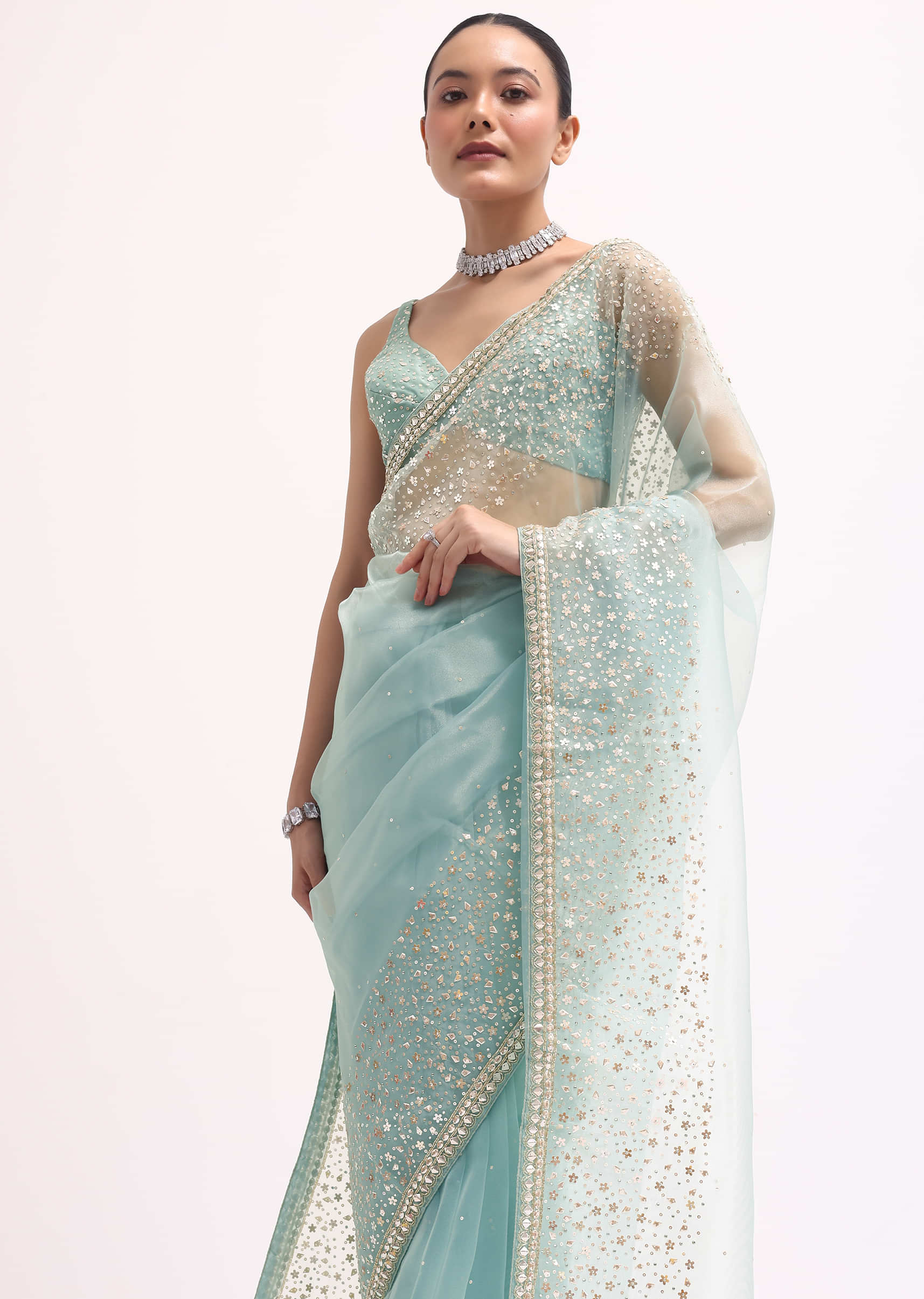 Sky Blue Embroidered Tissue Saree With Unstitched Blouse - Image 4