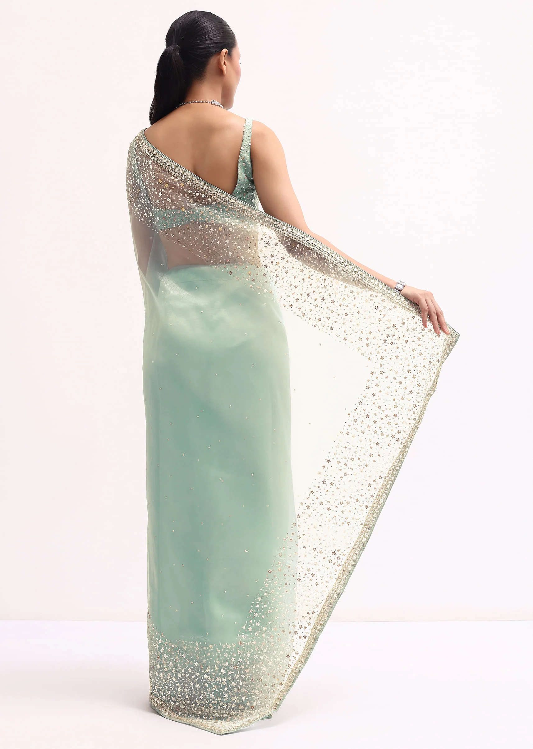 Sky Blue Embroidered Tissue Saree With Unstitched Blouse - Image 5