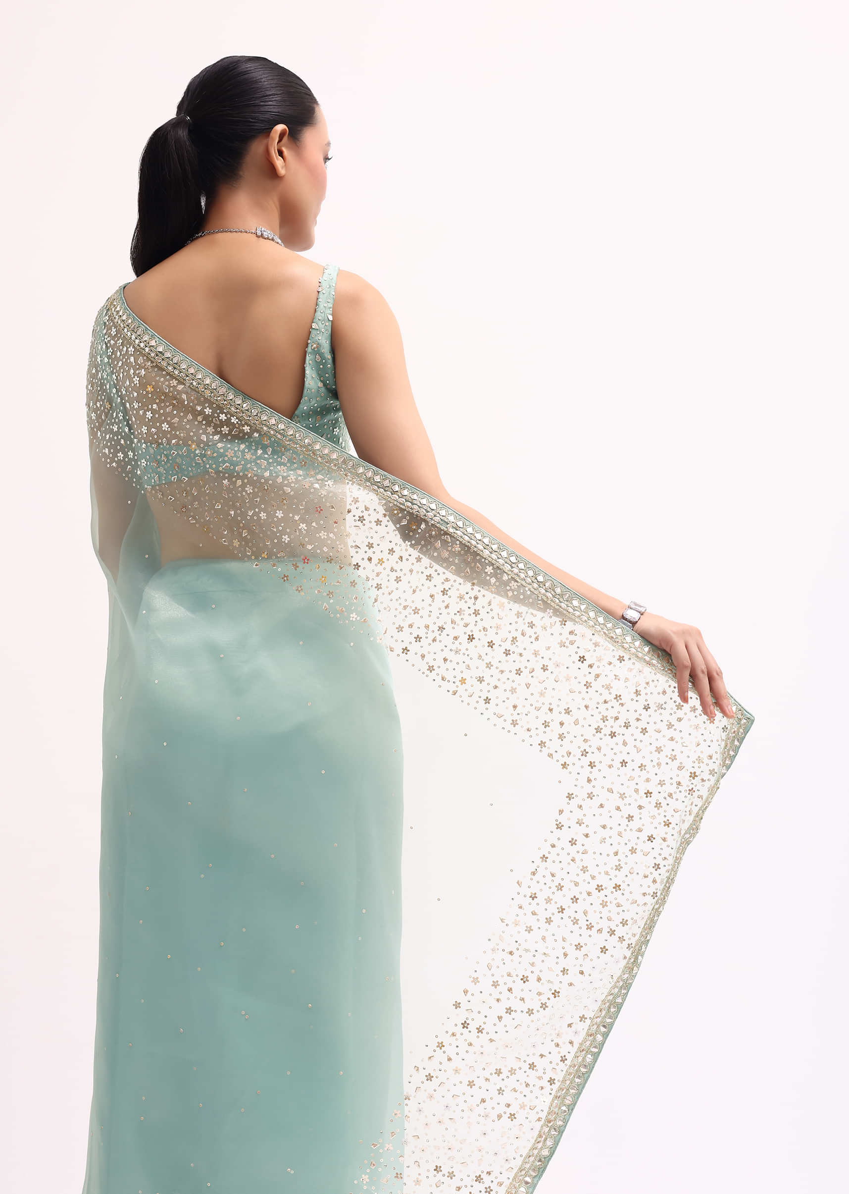 Sky Blue Embroidered Tissue Saree With Unstitched Blouse - Image 6