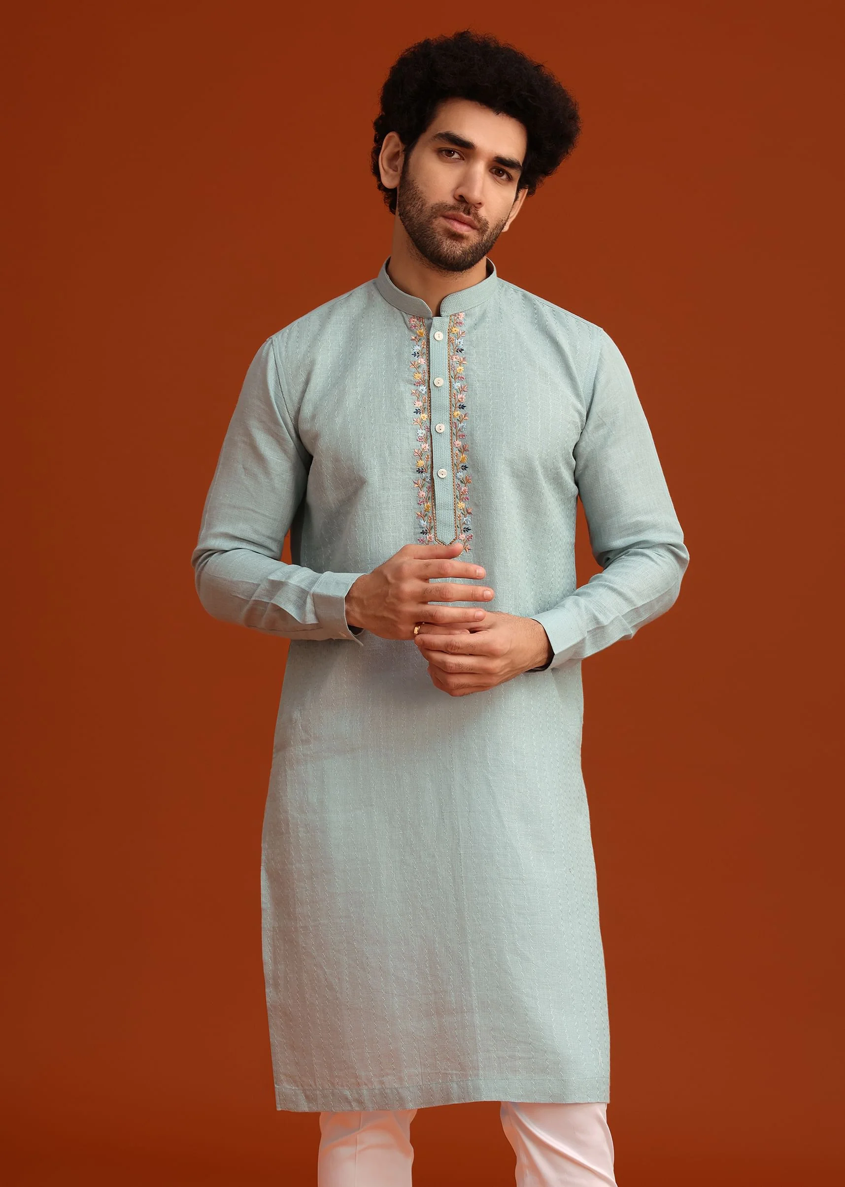 Sky Blue Floral Hand Embroidered Kurta And Pant Set - Image 3