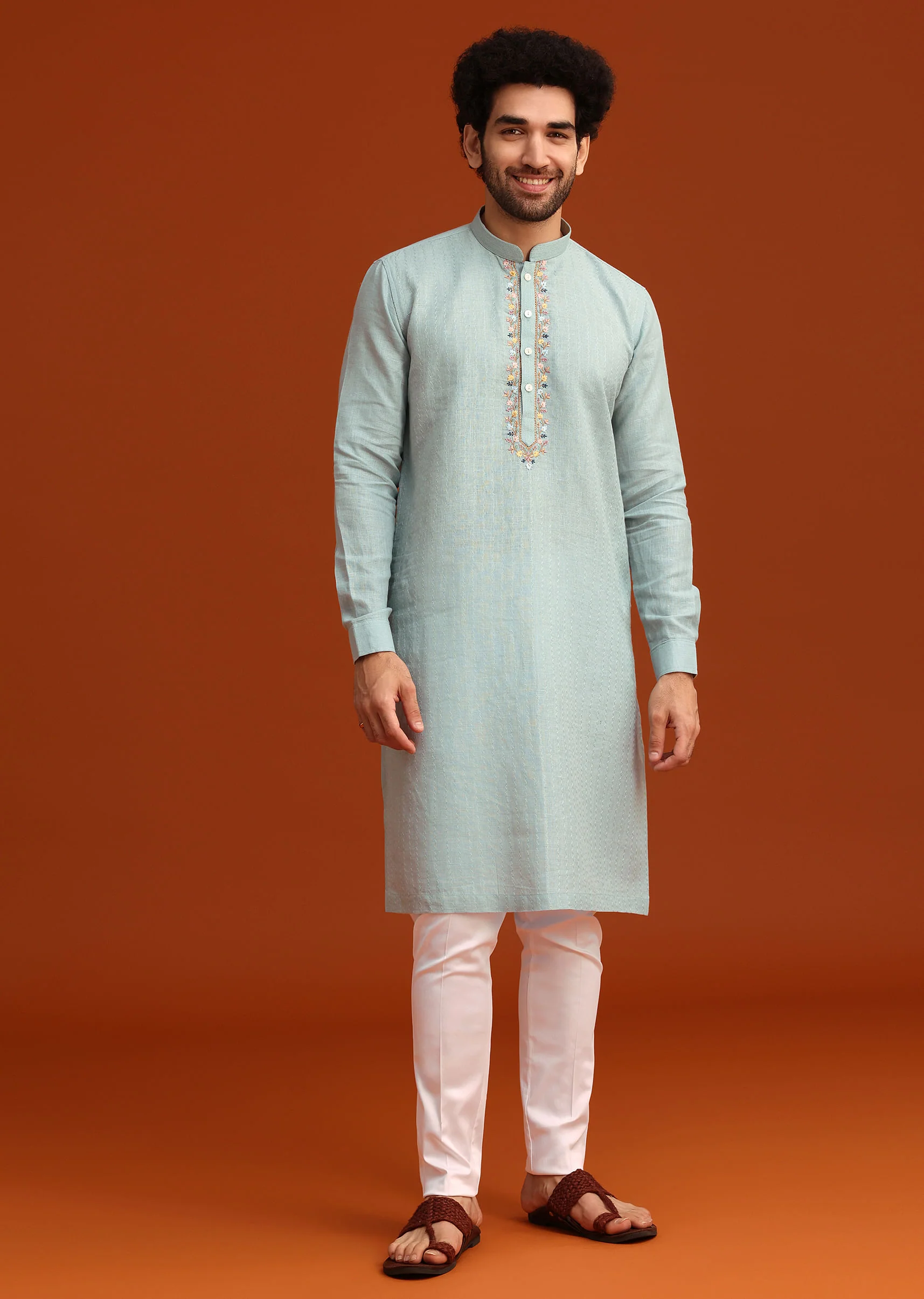 Sky Blue Floral Hand Embroidered Kurta And Pant Set - Image 4