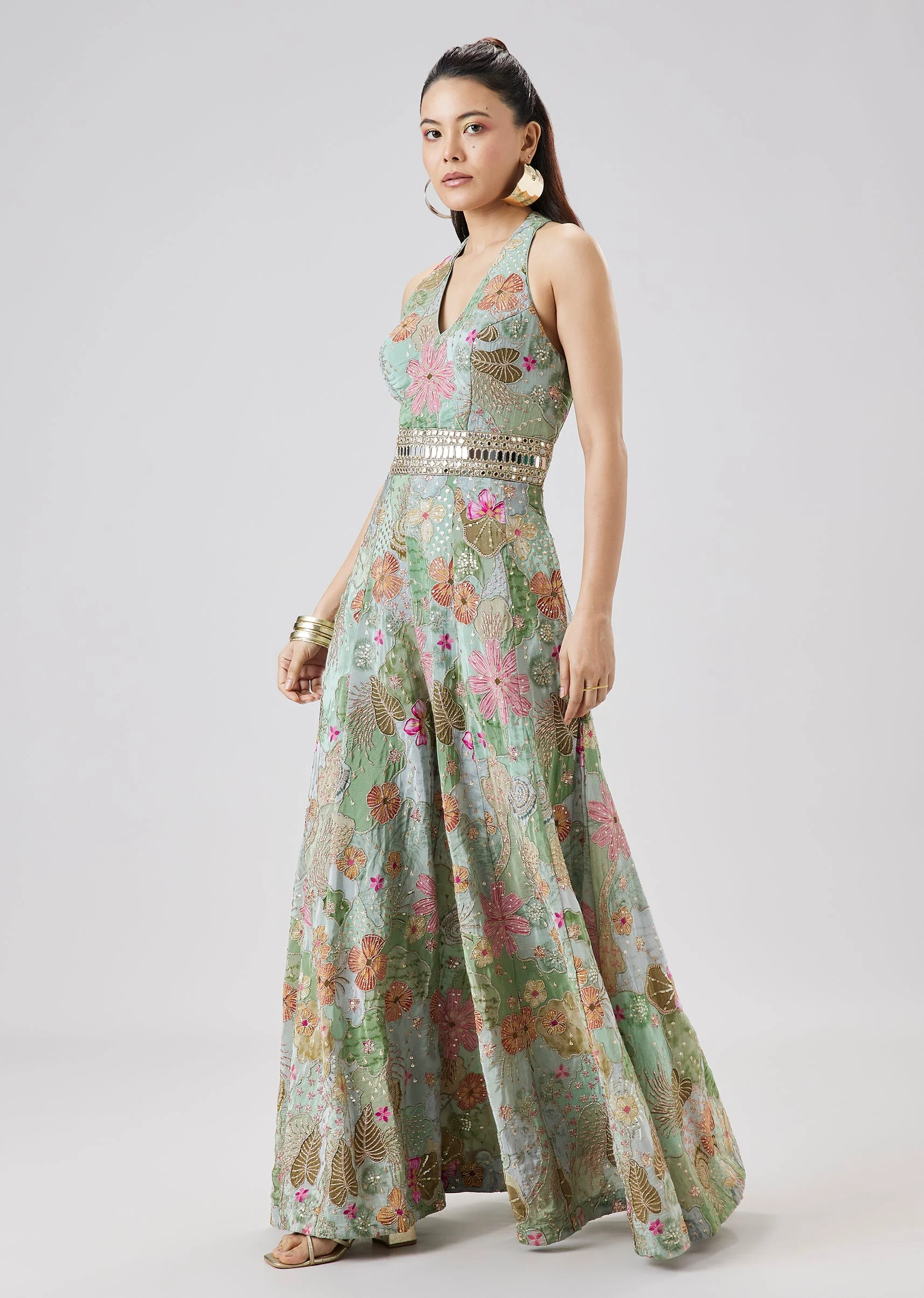 Sky Blue Floral Print Jumpsuit Adorned With Zari And Mirror Embellishments - Image 3