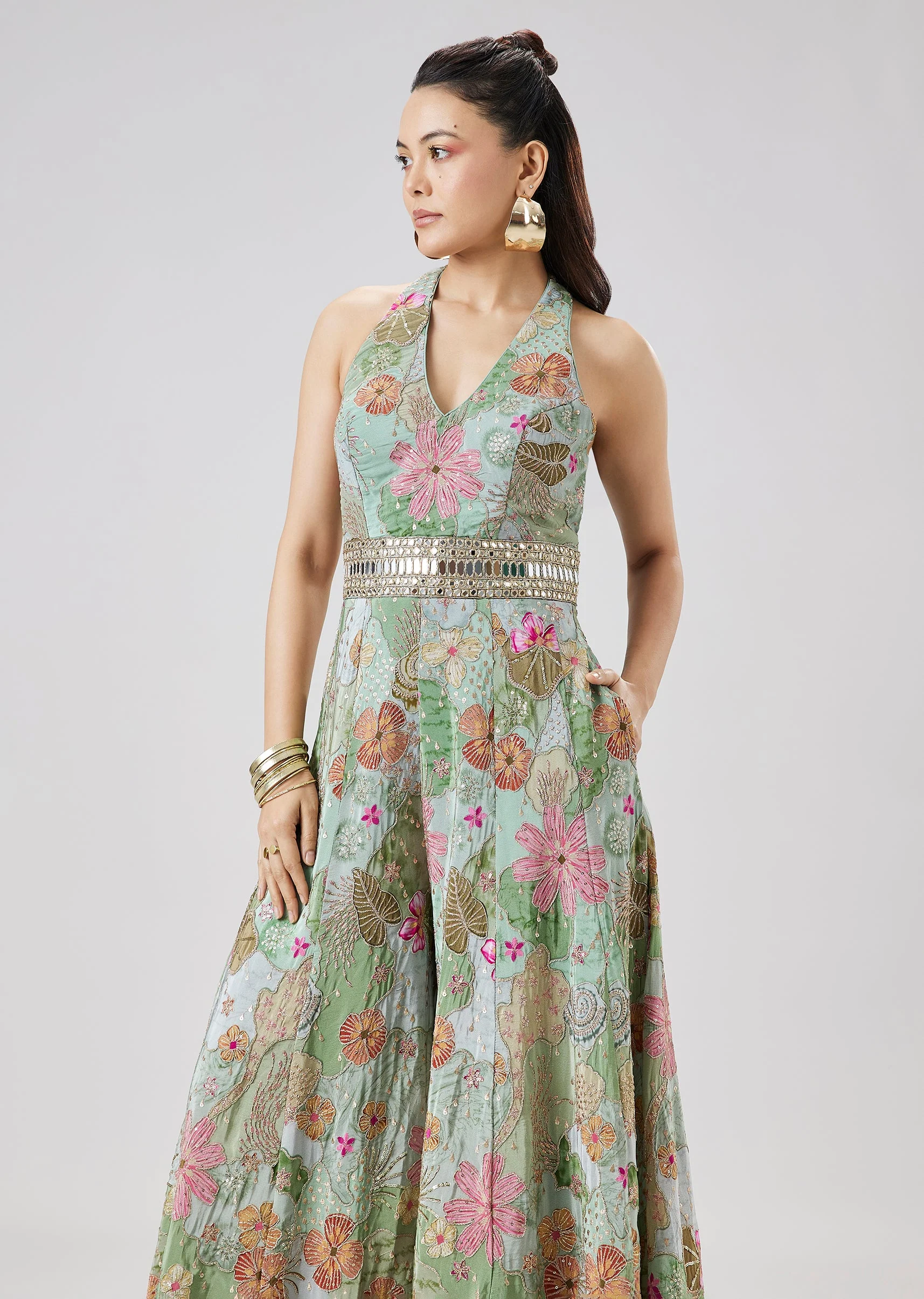 Sky Blue Floral Print Jumpsuit Adorned With Zari And Mirror Embellishments - Image 4