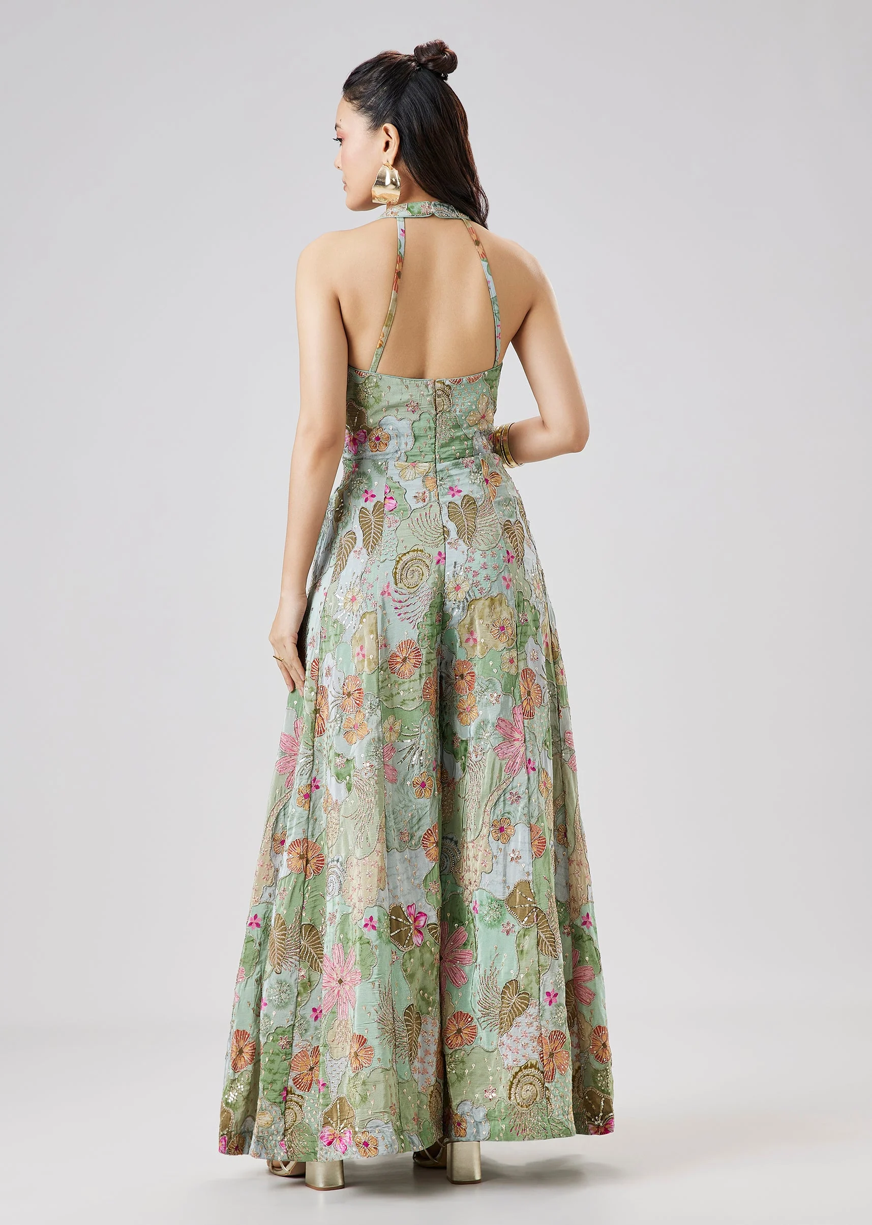 Sky Blue Floral Print Jumpsuit Adorned With Zari And Mirror Embellishments - Image 5