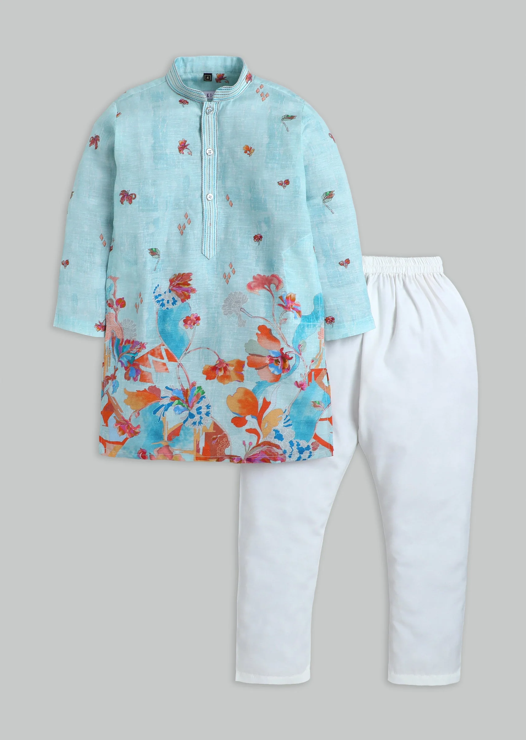 Sky Blue Floral Printed Kurta Set For Boys