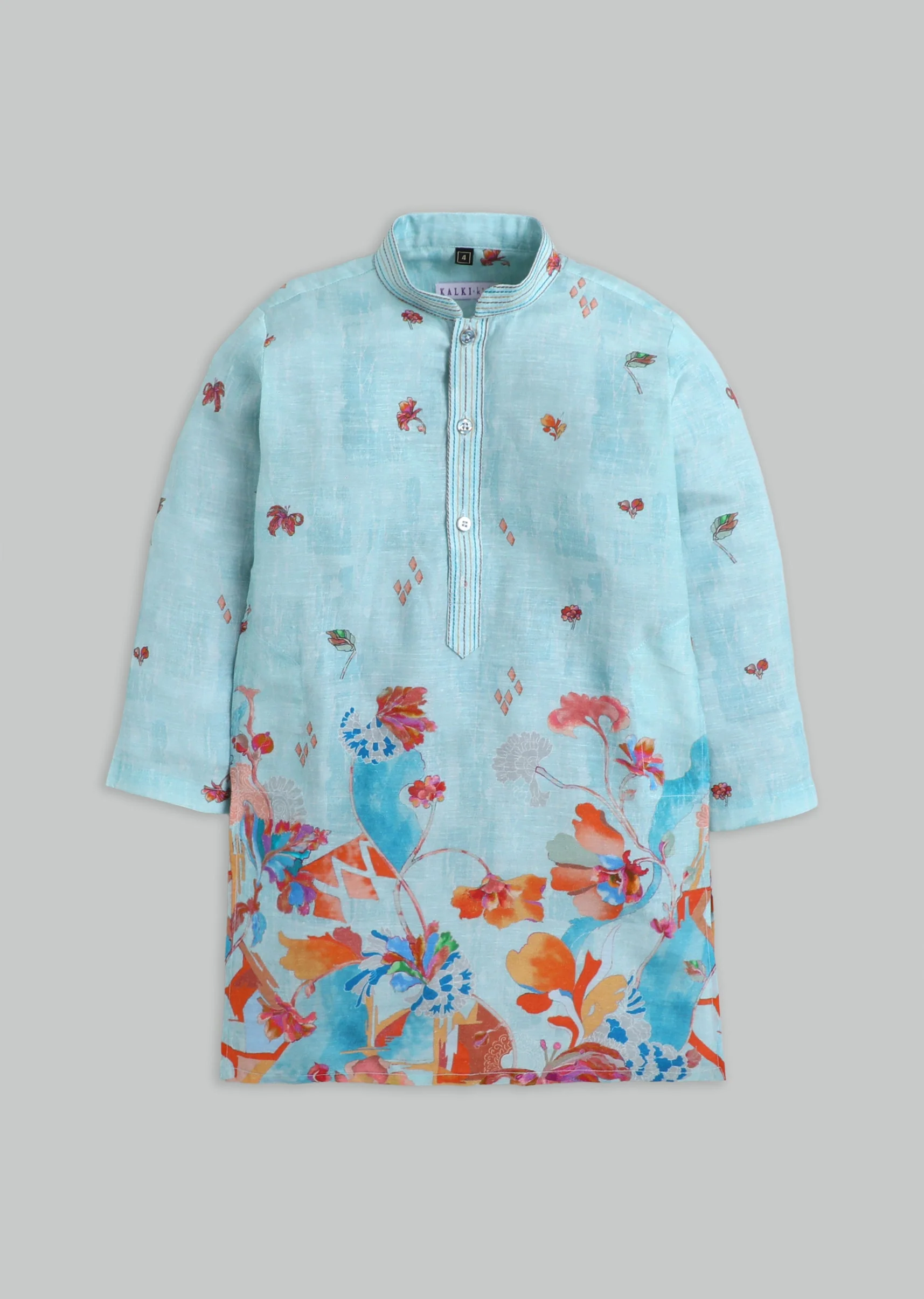 Sky Blue Floral Printed Kurta Set For Boys - Image 2