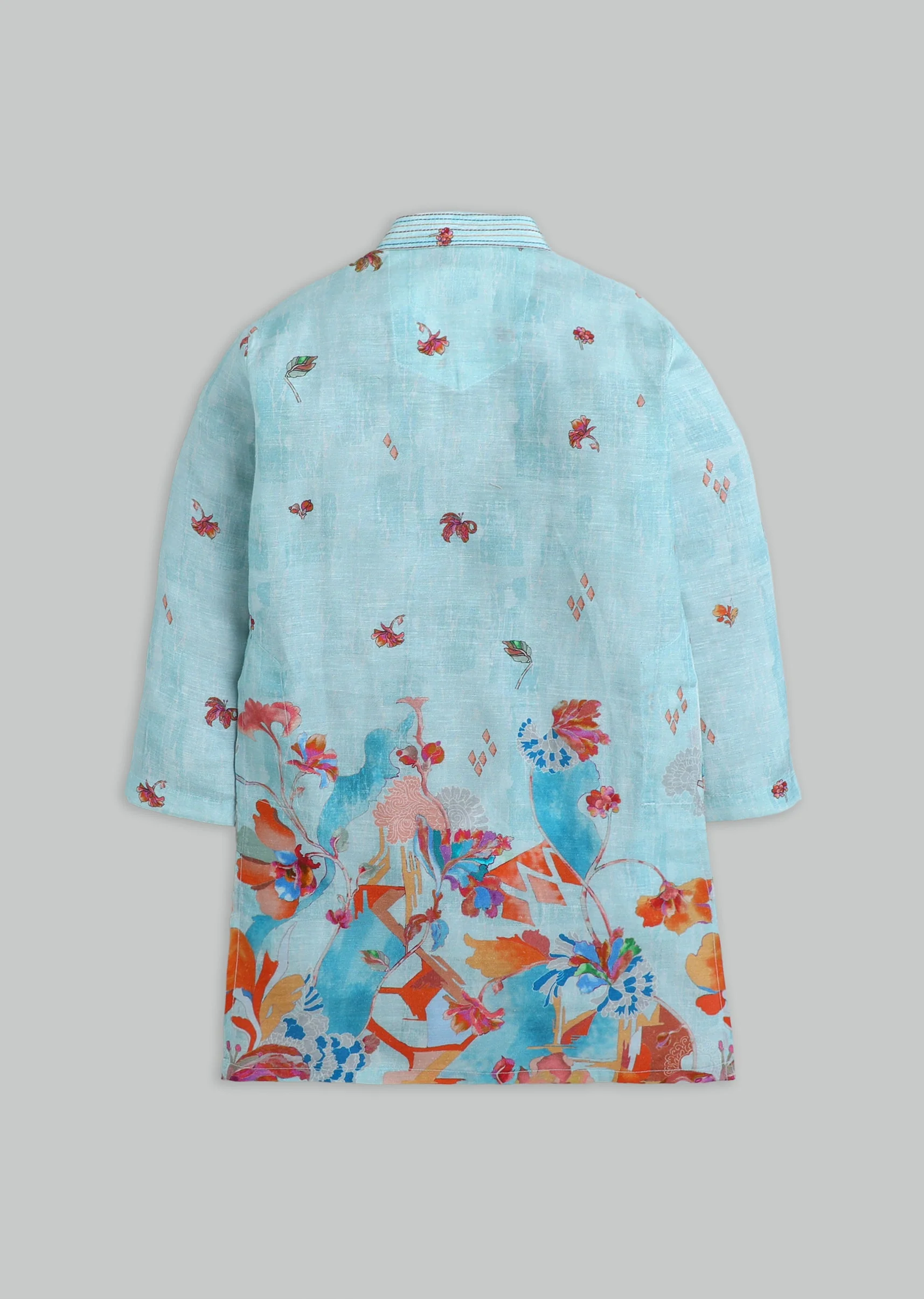Sky Blue Floral Printed Kurta Set For Boys - Image 3