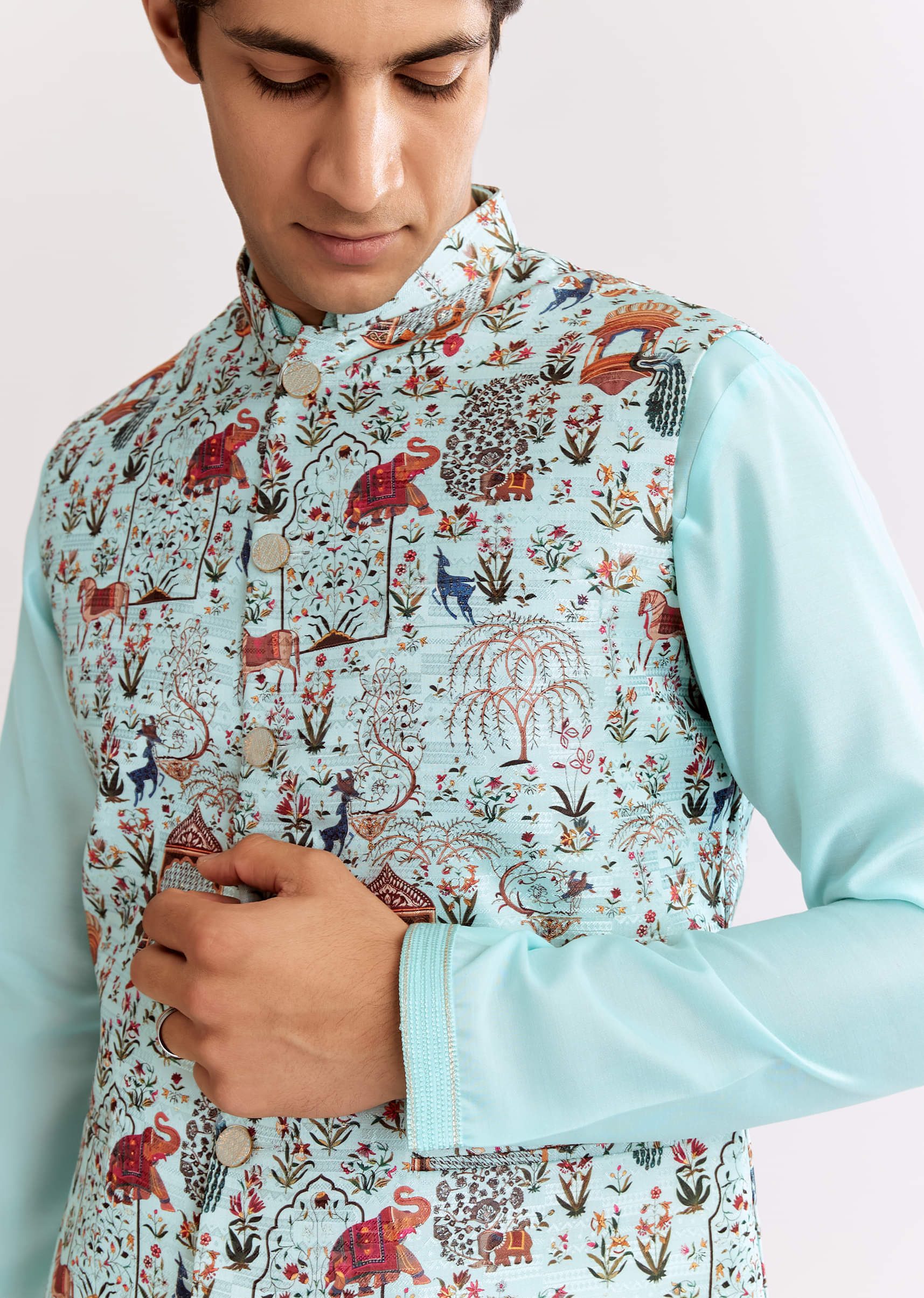 Sky Blue Jacquard Kurta Jacket Set With Animal Print