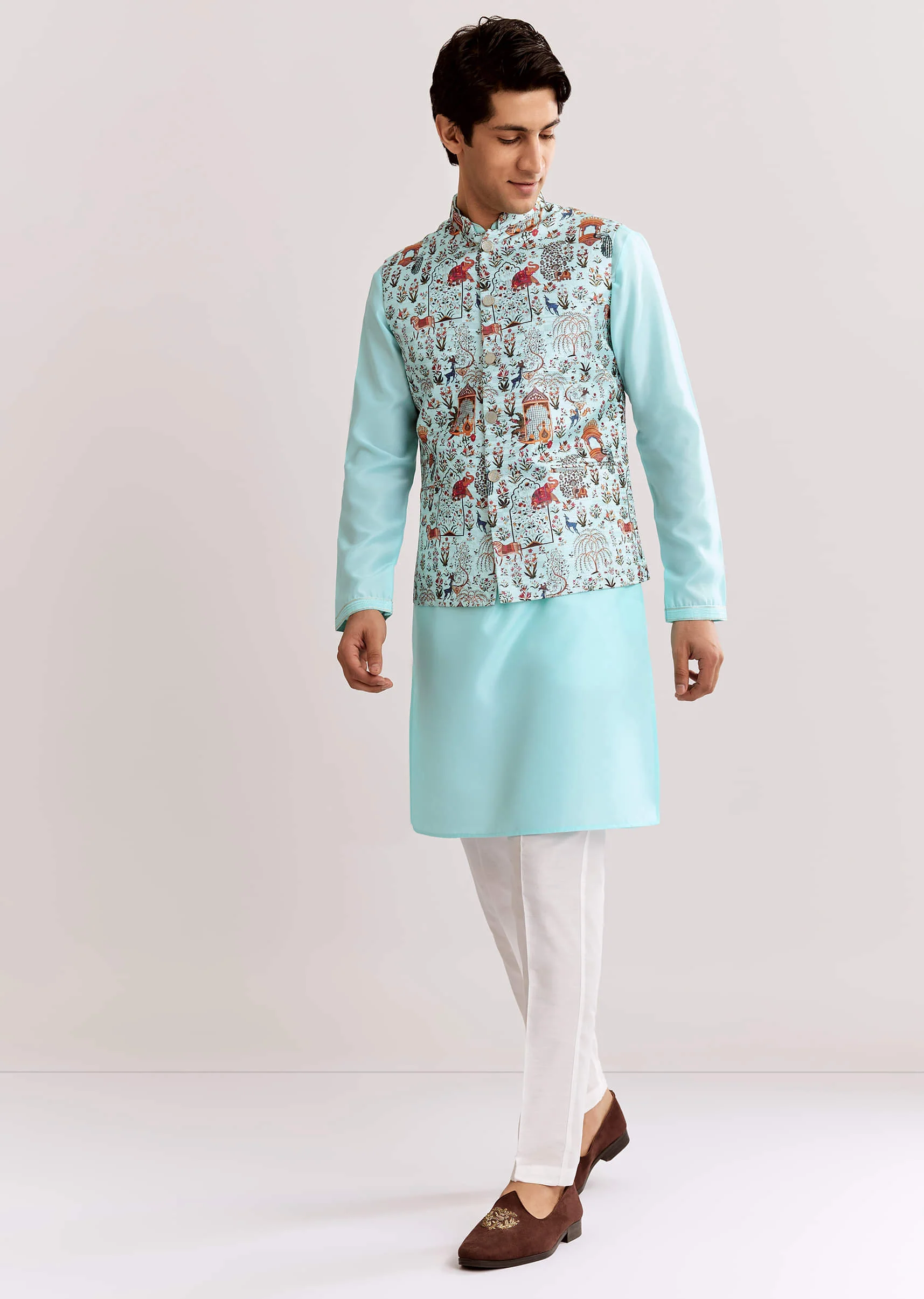 Sky Blue Jacquard Kurta Jacket Set With Animal Print - Image 2