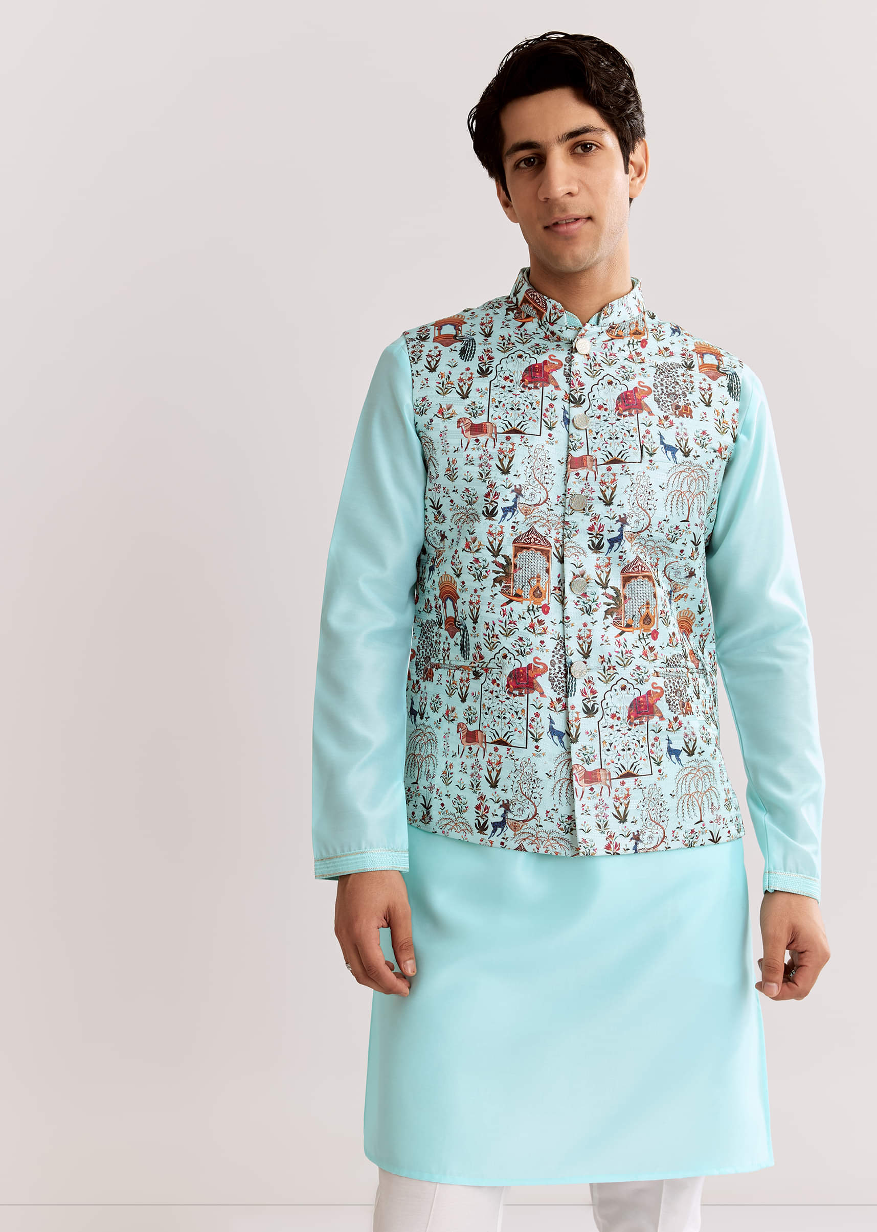 Sky Blue Jacquard Kurta Jacket Set With Animal Print - Image 3