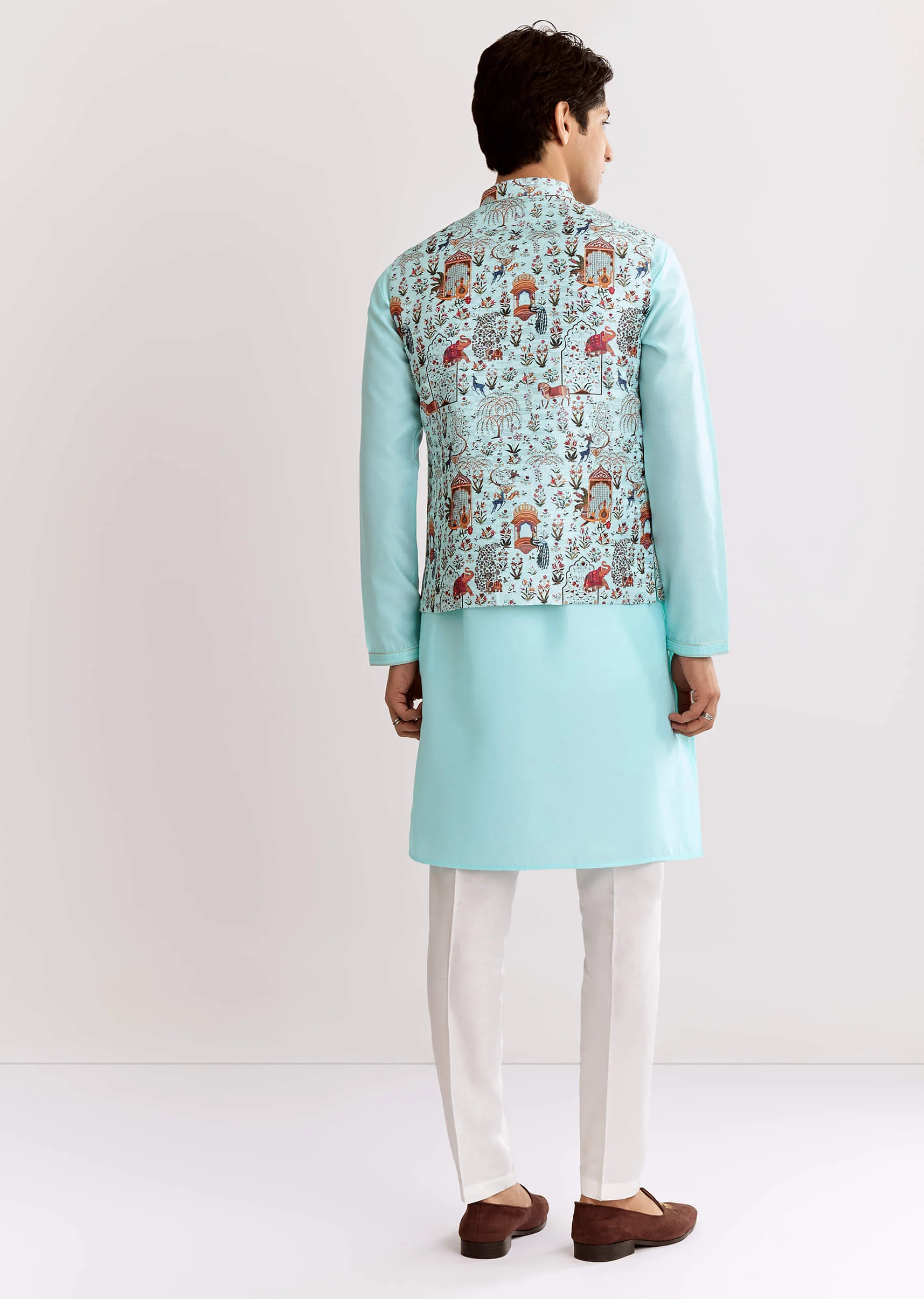 Sky Blue Jacquard Kurta Jacket Set With Animal Print - Image 5