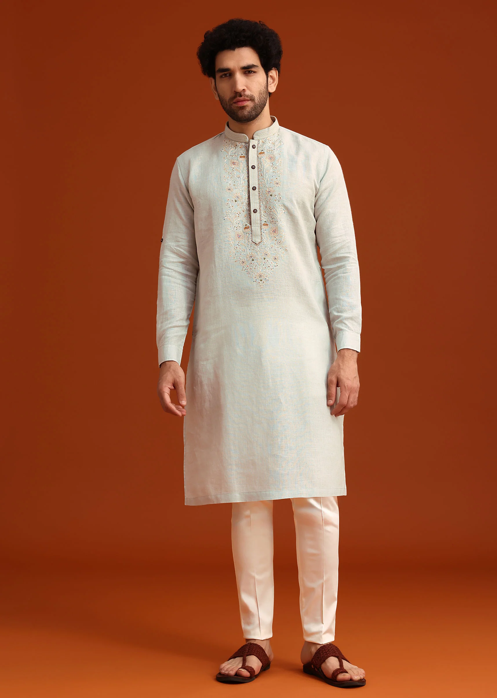 Sky Blue Kurta Set With Floral Thread Embroidery - Image 4