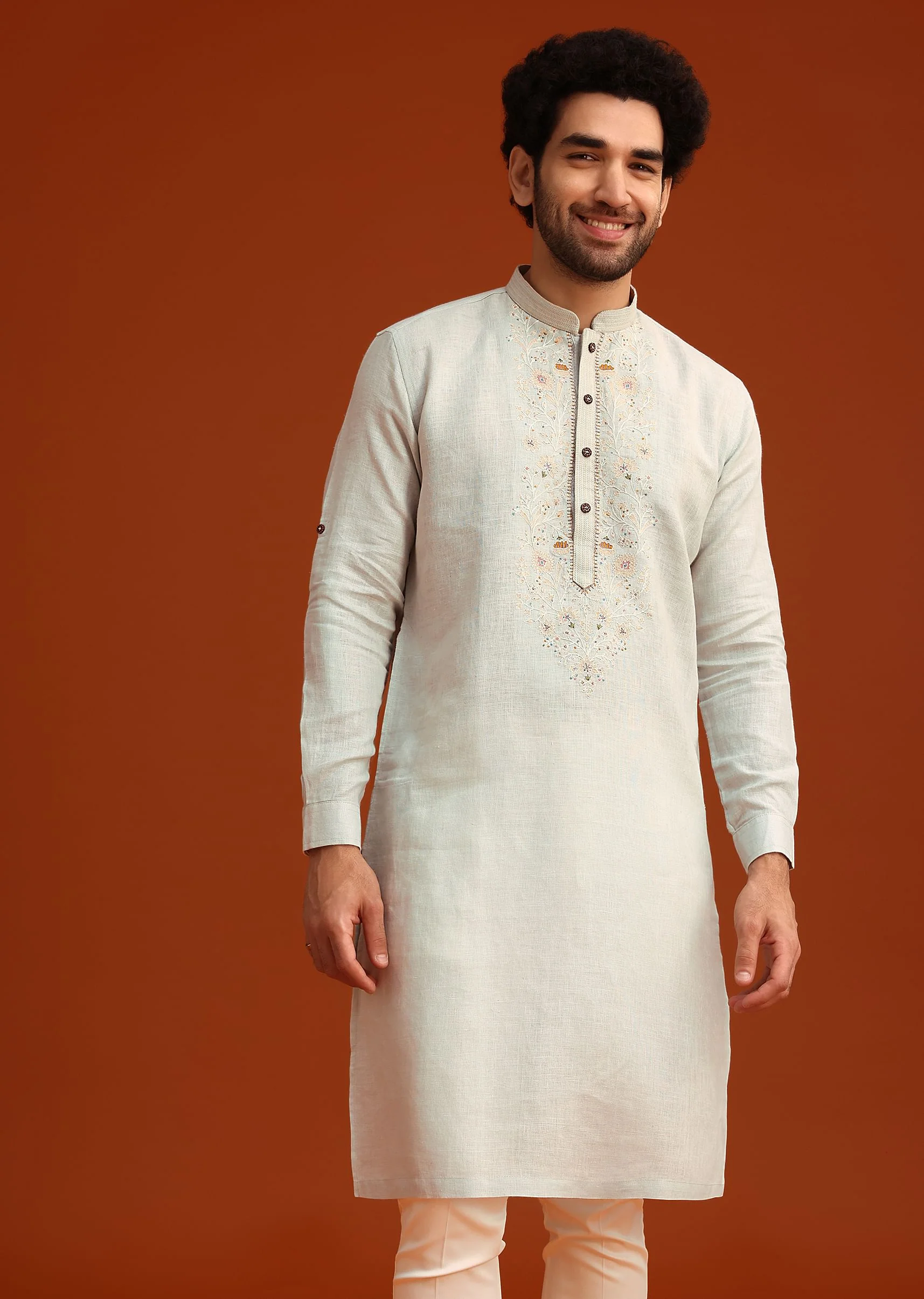 Sky Blue Kurta Set With Floral Thread Embroidery - Image 5
