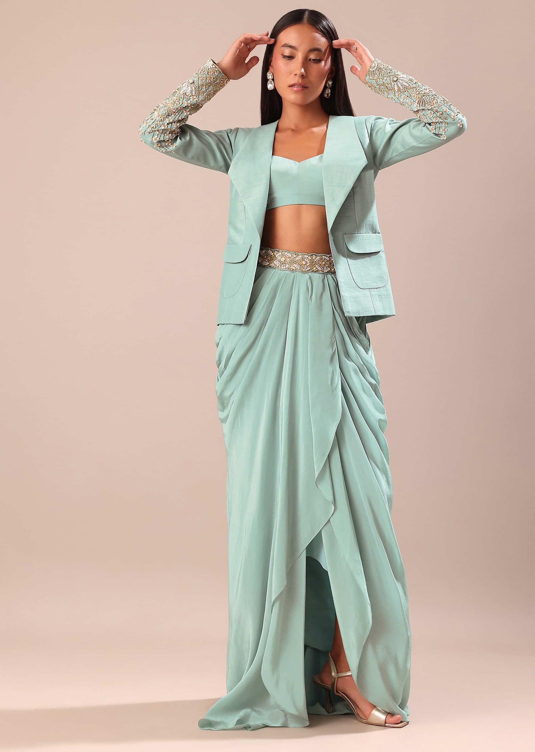 Sky Blue Draped Skirt With Embroidered Blouse And Jacket - Image 3