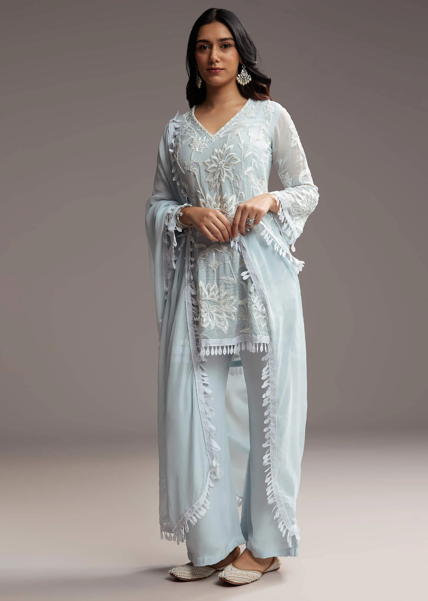 Sky Blue Organza Kurta Set With Resham Work - Image 2