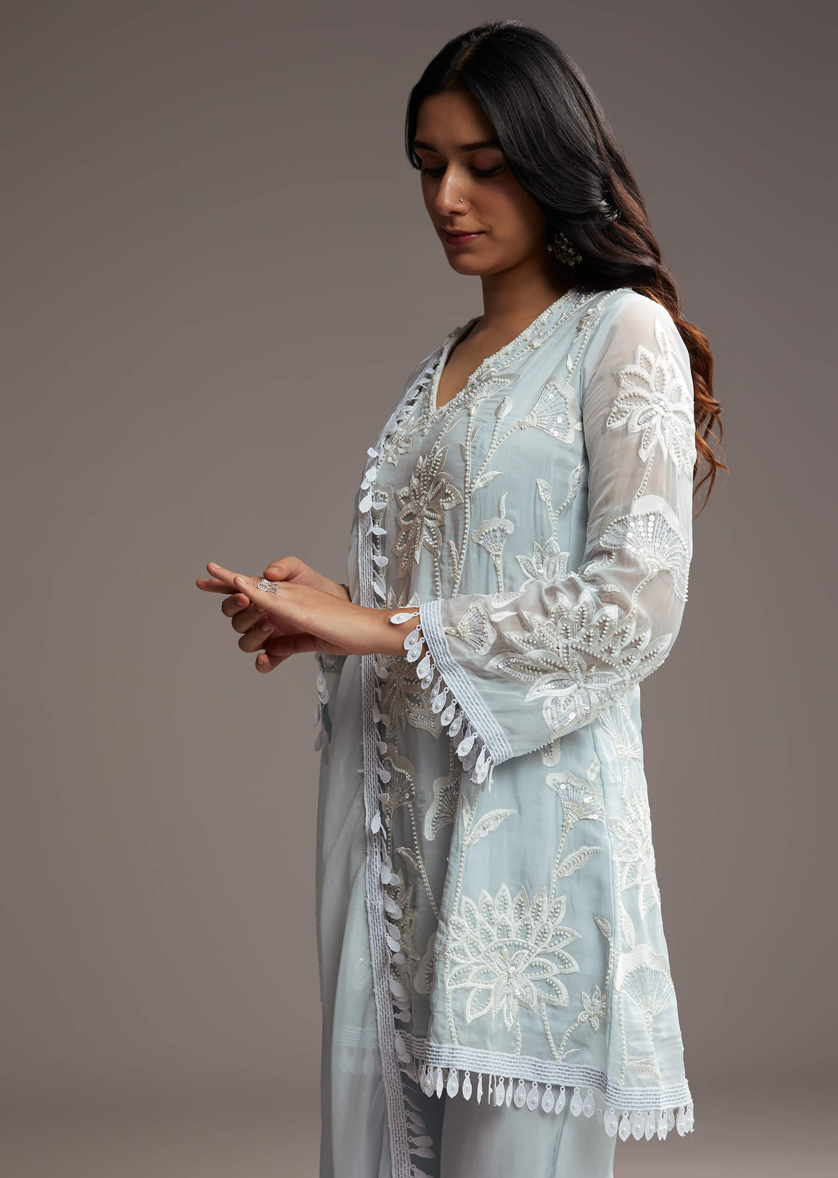 Sky Blue Organza Kurta Set With Resham Work - Image 3