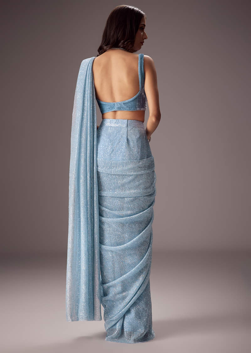 Sky Blue Shimmer Saree Paired With A Sweetheart Velvet Blouse - Image 2