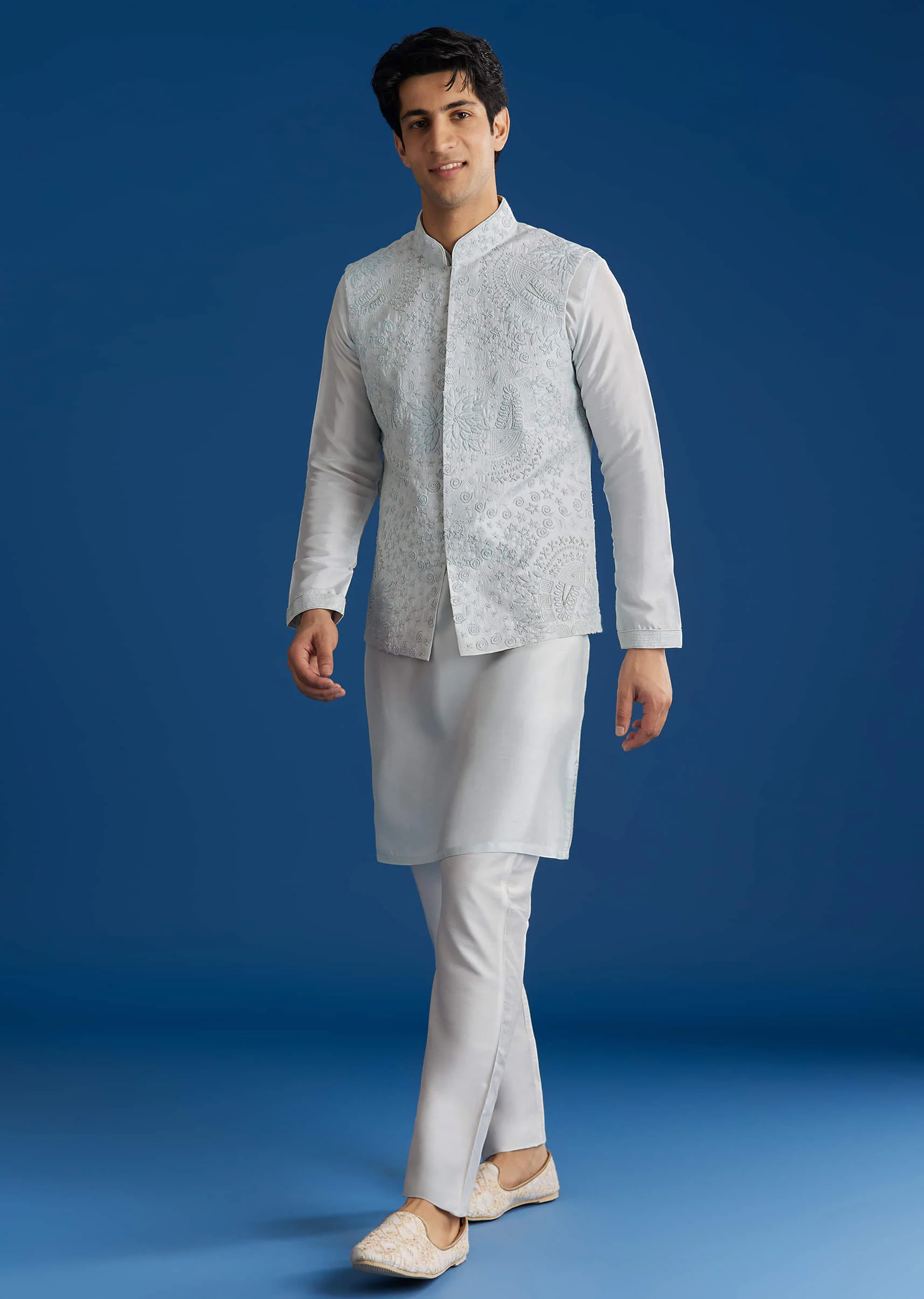 Sky Blue Silk Embroidered Jacket Kurta Set - Image 2